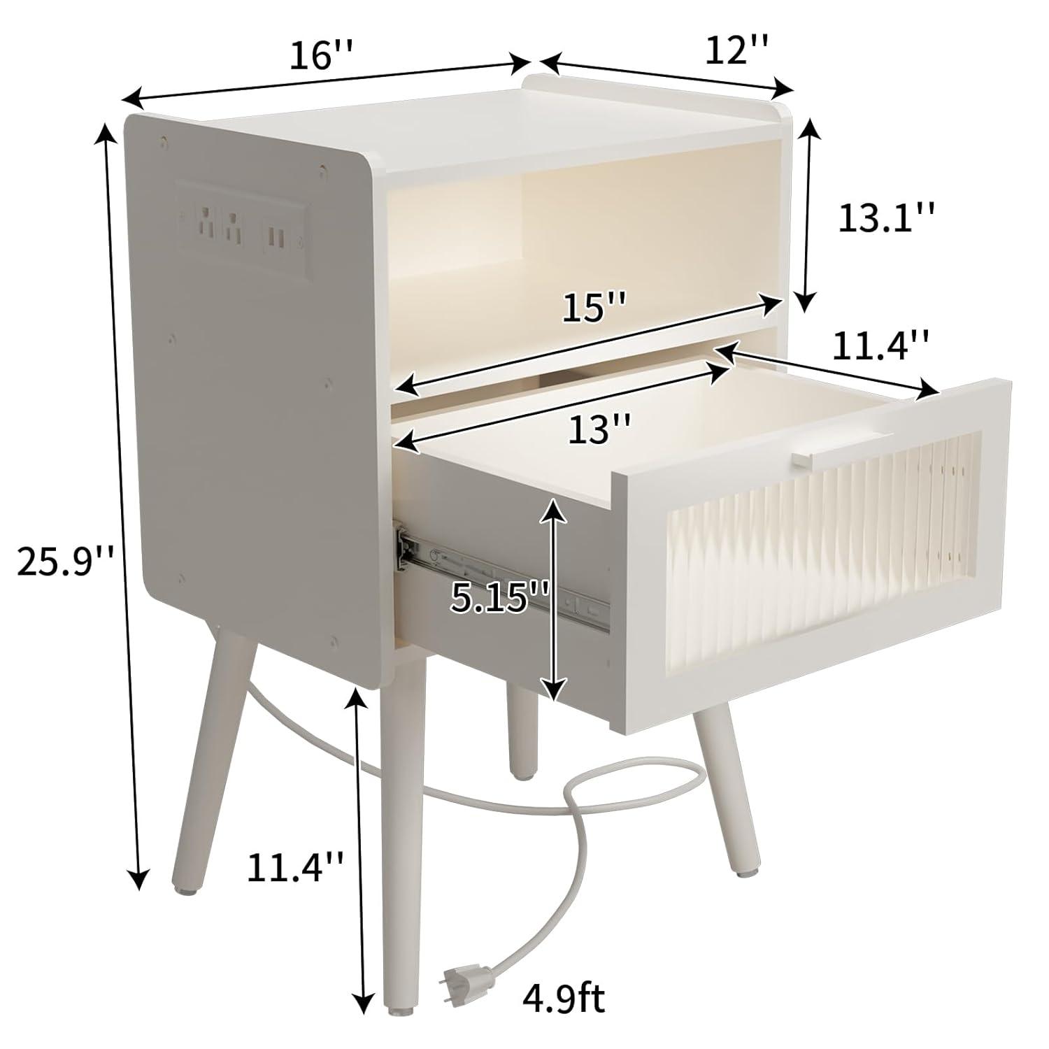 Mid Century Modern Nightstand with Charging Station, Bedside Tables with Glass Drawer, End Table Side Table with 2 Tiers Storage Space, for Bedroom, Living Room, White