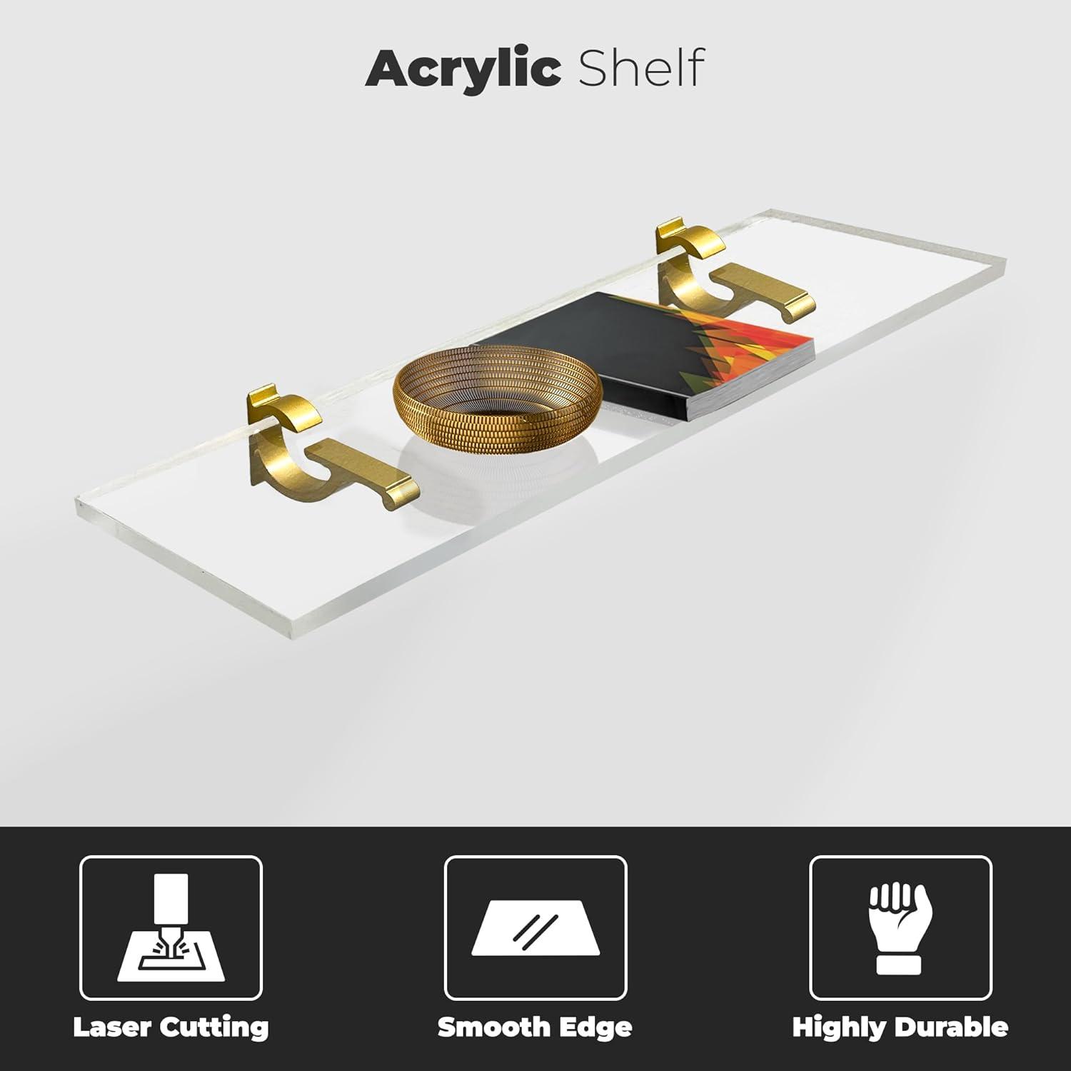 Clear Acrylic Floating Shelf with Chrome Brackets, 24" x 6"