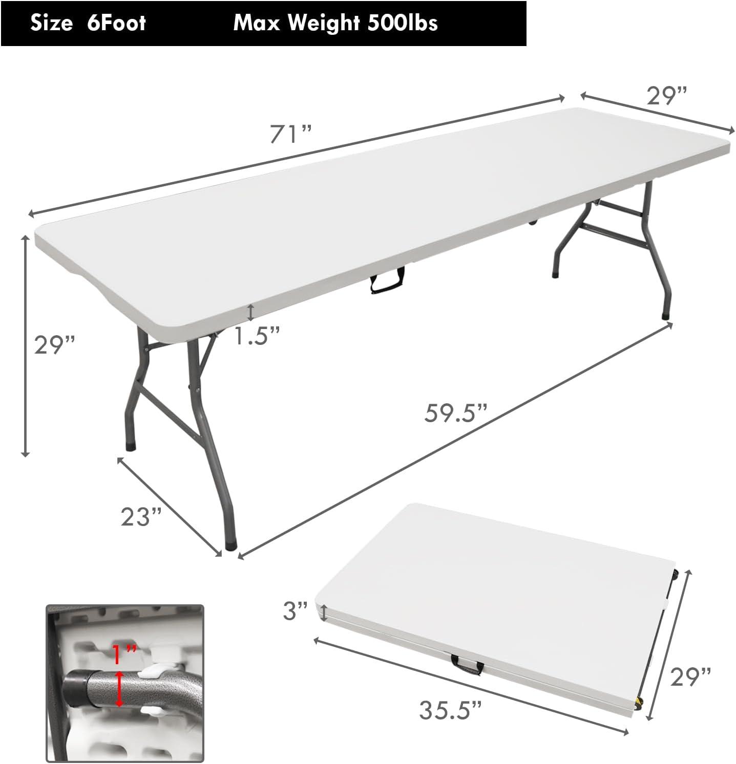 Plainsity 6ft Plastic Folding Table - Portable, Foldable, Heavy Duty Dining Table for Parties, Weddings, BBQs, Camping, Backyard Events - Indoor/Outdoor Utility Table with Carrying Handle White