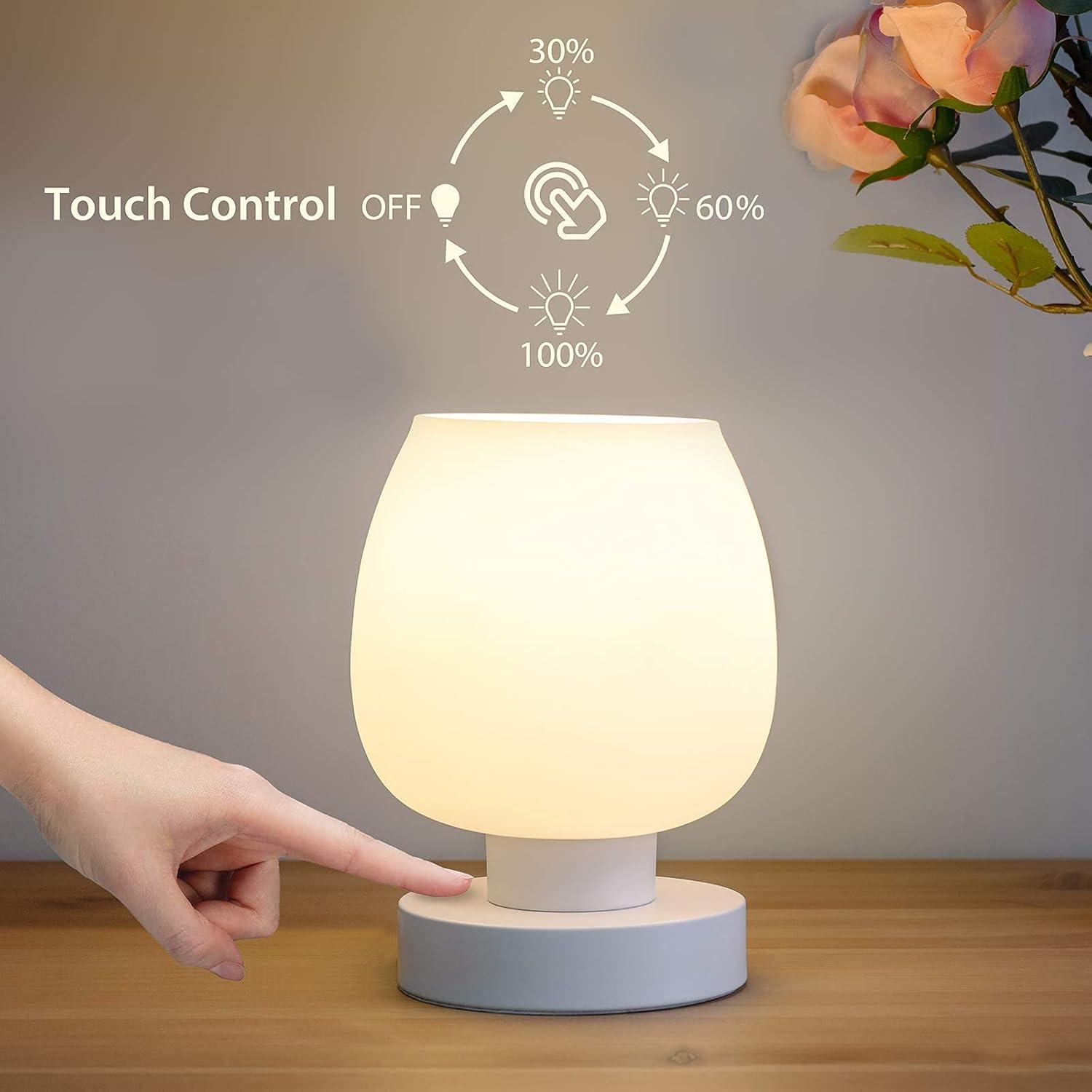 Small White Opal Glass Touch Table Lamp Set with 3-Way Switch