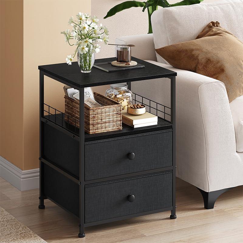 Black and Gray Metal Frame Nightstands with Fabric Drawers