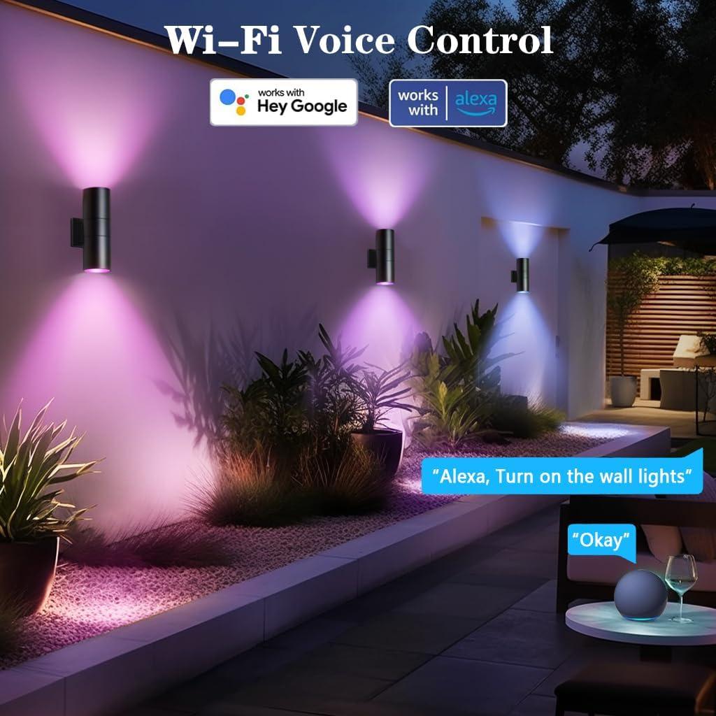 Modern RGB Outdoor Light, 2700K-6500K Ambience Outdoor Wall Sconce Color Changing, Wifi App Control Up Down Lights, Smart Exterior Wall Light For House Porch, Works With Alexa Google Assistant