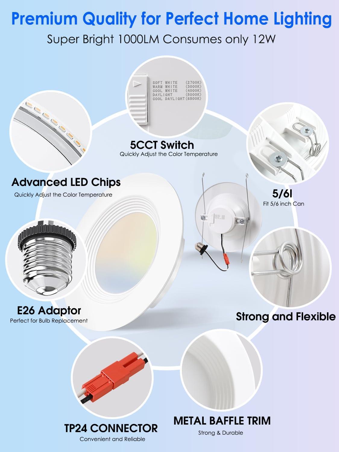 12 Pack 5/6 Inch 5CCT LED Recessed Lighting Retrofit, 2700K/3000K/4000K/5000K/6500K Selectable, Dimmable Can Lights with Baffle Trim, 12W=150W, High Brightness 1000LM, IC& Wet Rated, ETL&FCC Certified