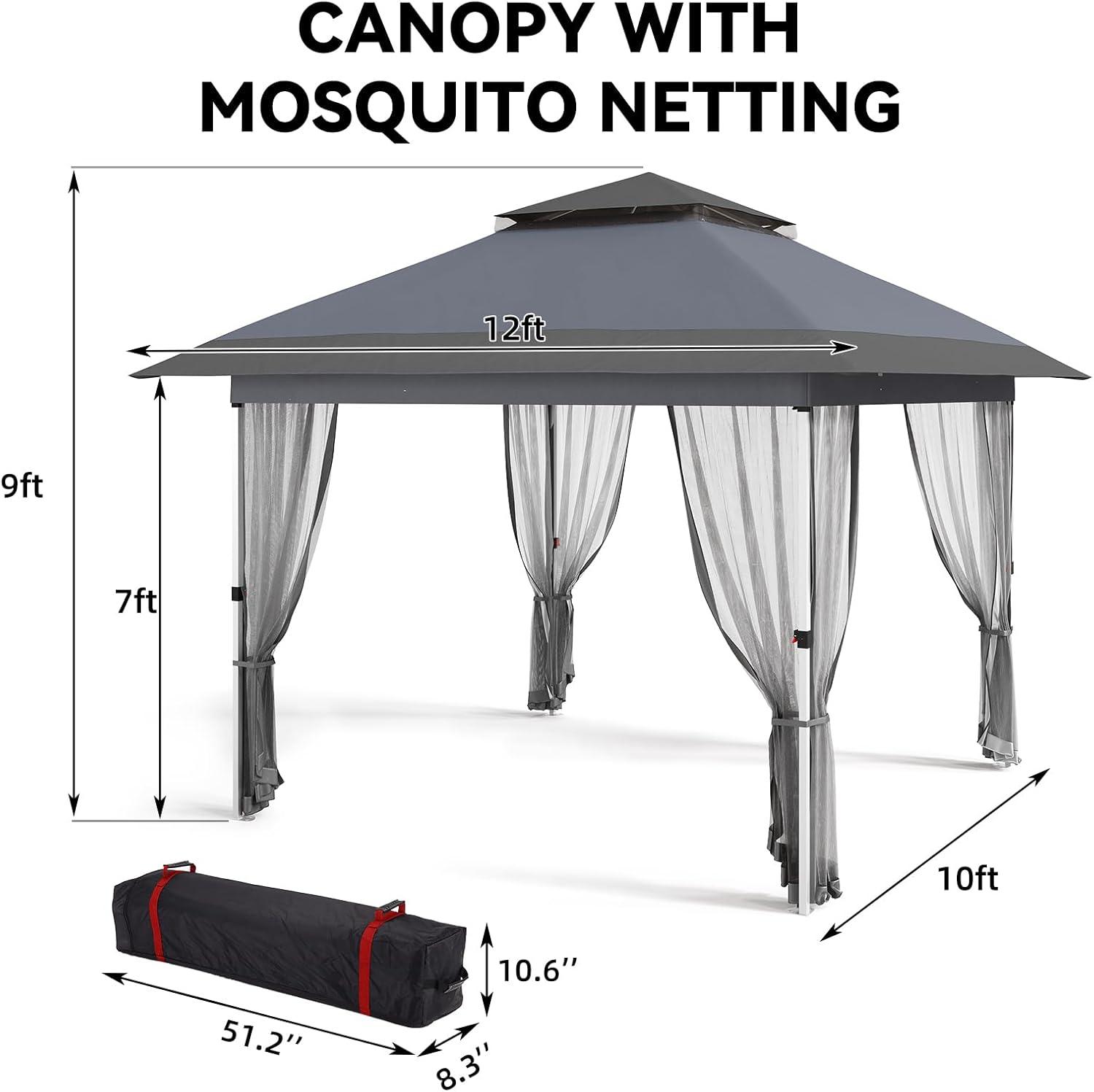 12'x12' Gazebo Outdoor Pop up Canopy Tent with Curtains and 144 Square Shelter for Patio,Backyard Party, with Mosquito Netting, 2-Tiered Vented Top (Gray)