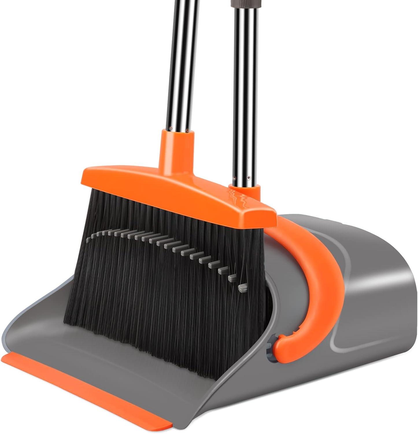 Adjustable Stainless Steel Broom and Dustpan Set with Orange Handle