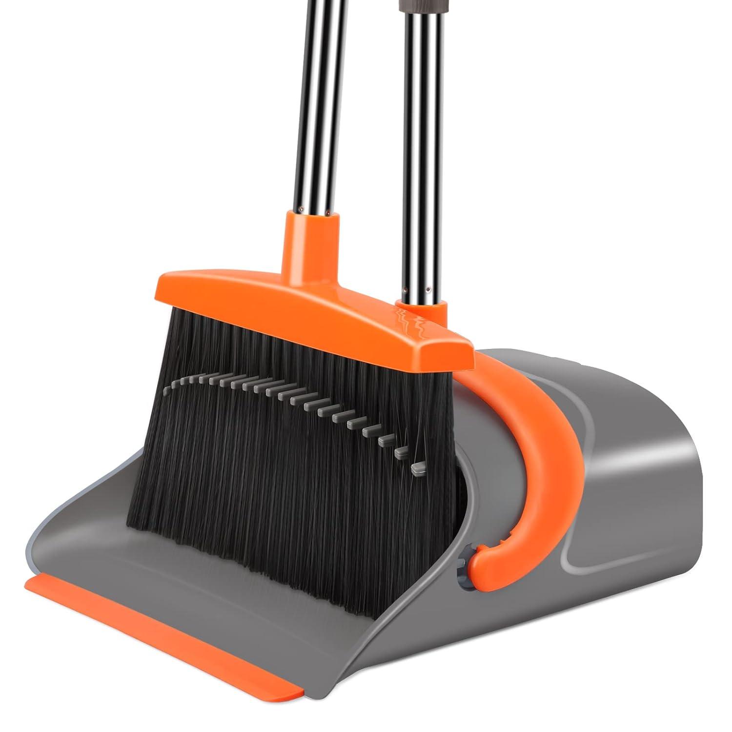Heavy-Duty Broom and Dustpan Set for Outdoor Broom and Dust pan for Home Commercial Cleaning Supplies Angle Broom with Long Handle Perfect for Courtyard Garage Lobby Mall Market Street, B6