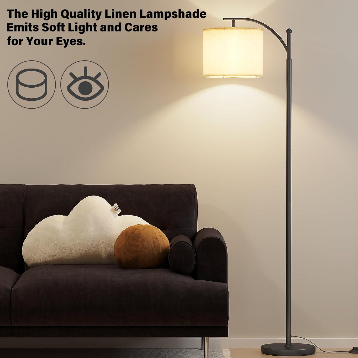 Adjustable Black Metal Arc Floor Lamp with Linen Shade