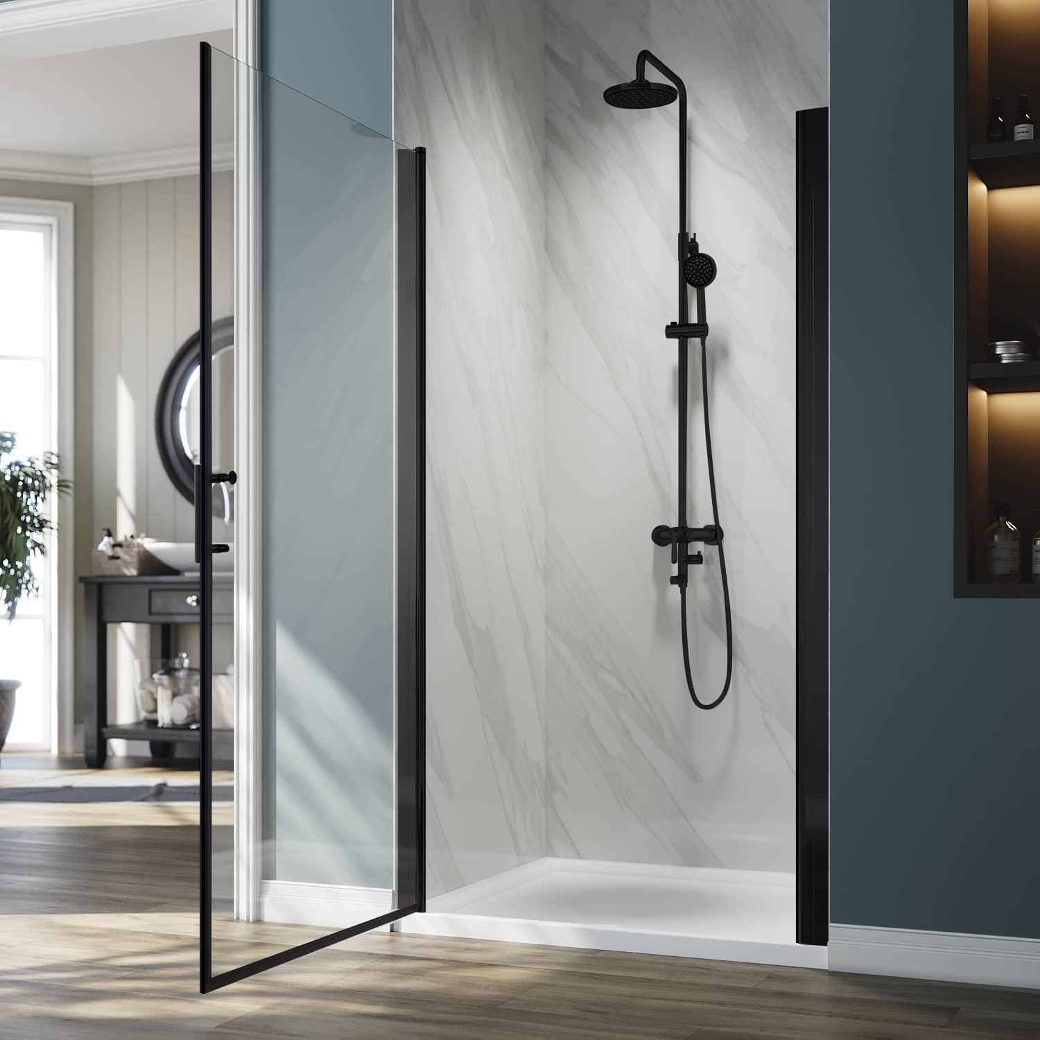ELEGANT Semi-Frameless Shower Door 34 in.W x 72 in.H, Pivot Swing Shower Door with 1/4 in. Clear Tempered Glass, Single Glass Panel, Black Finish
