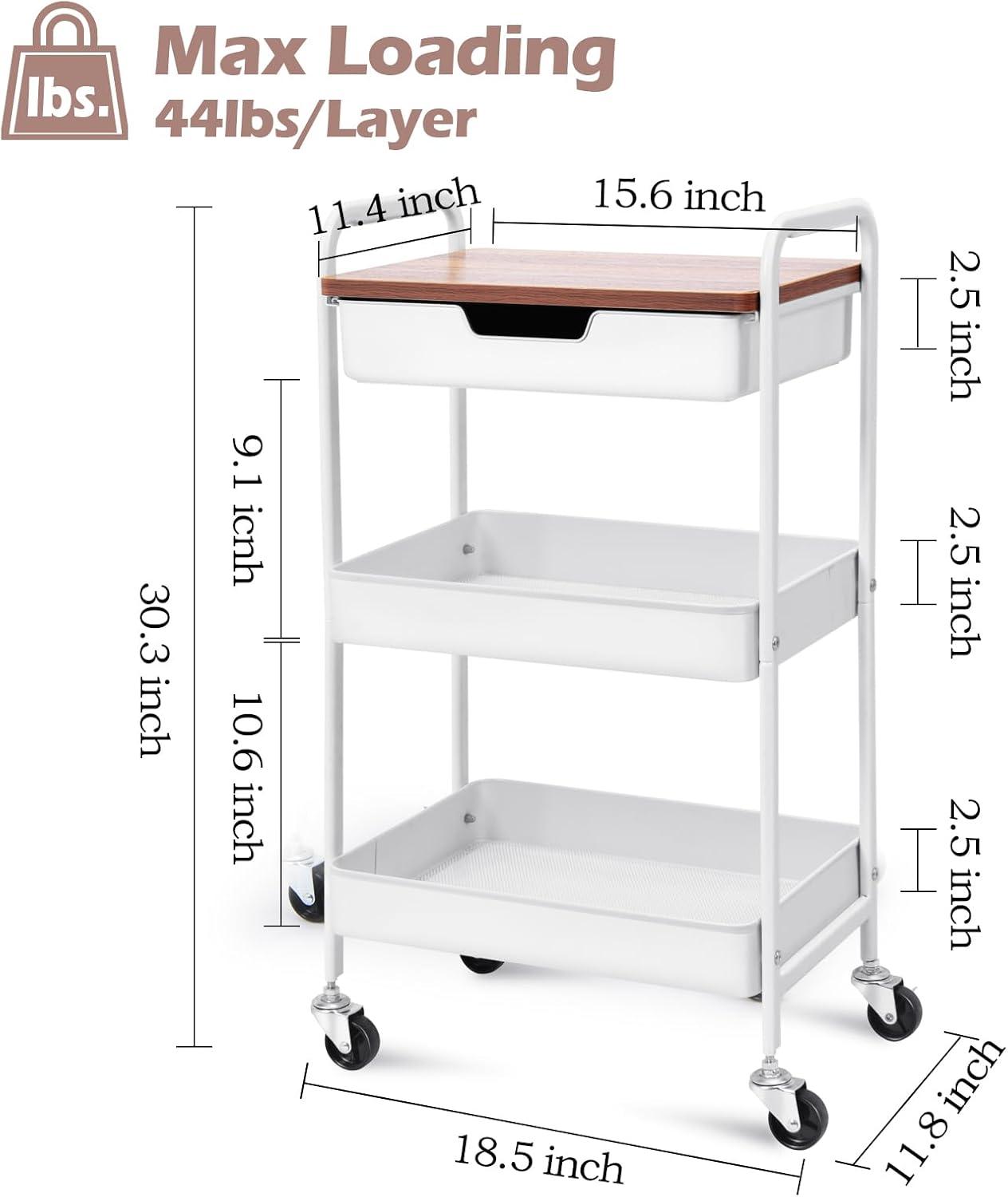 White 3-Tier Metal Utility Rolling Cart with Wooden Top