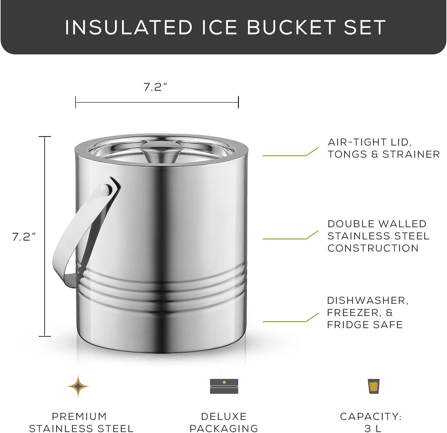 Stainless Steel Double Wall Ice Bucket with Lid and Tongs