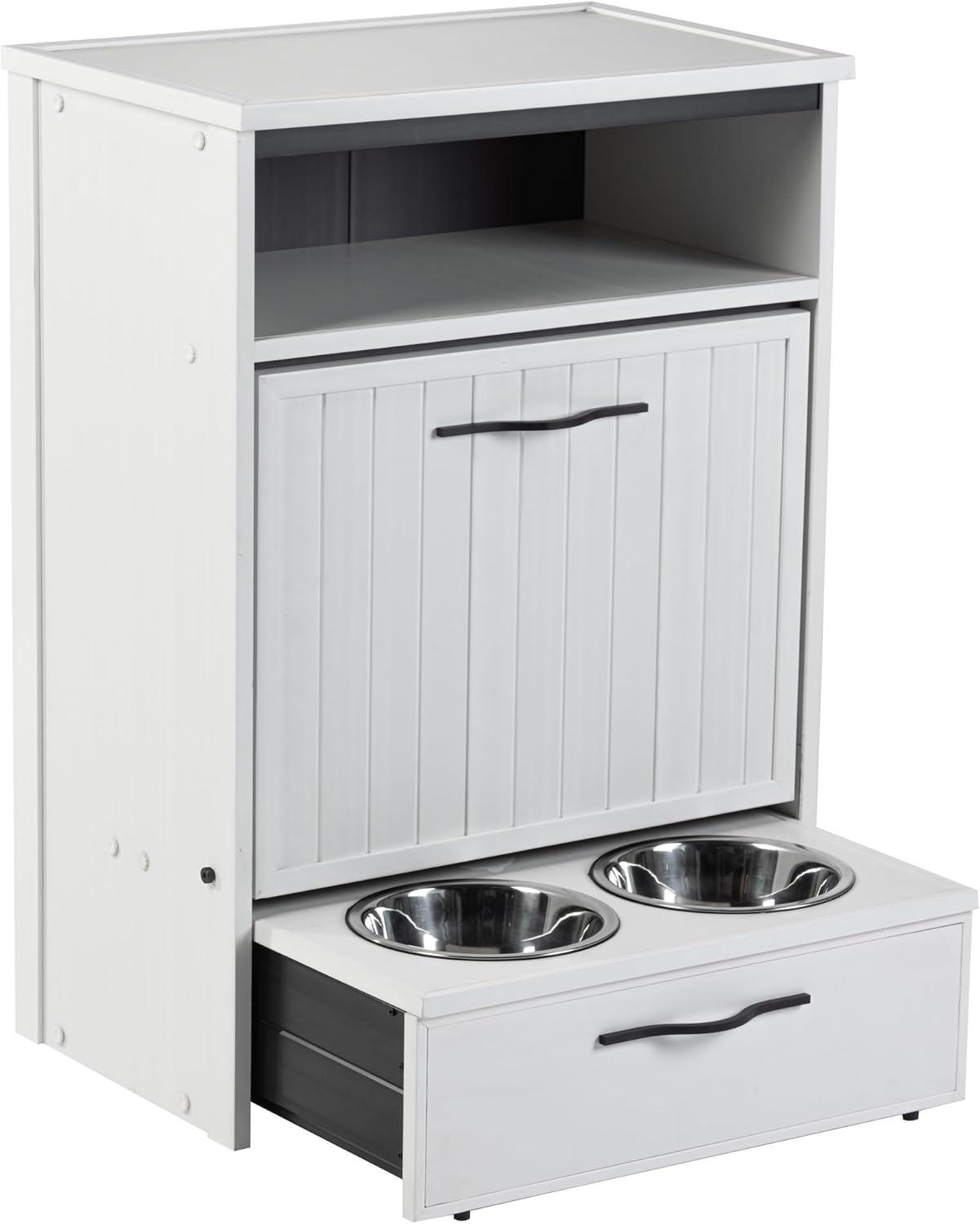 New Age Pet® ECOFLEX® Dog Food Pantry with Double Stainless Steel Bowls - Durable Composite, Includes 2x 32oz Bowls, Storage for 25 lbs of Dog Food, Easy Assembly, Moisture Resistant