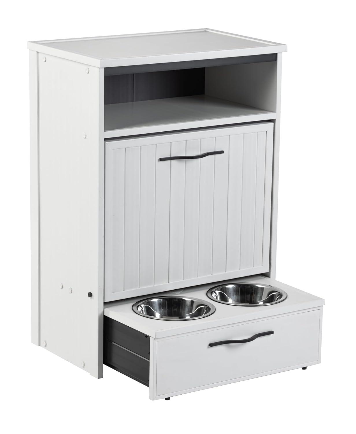 New Age Pet® ECOFLEX® Dog Food Pantry with Double Stainless Steel Bowls - Durable Composite, Includes 2x 32oz Bowls, Storage for 25 lbs of Dog Food, Easy Assembly, Moisture Resistant