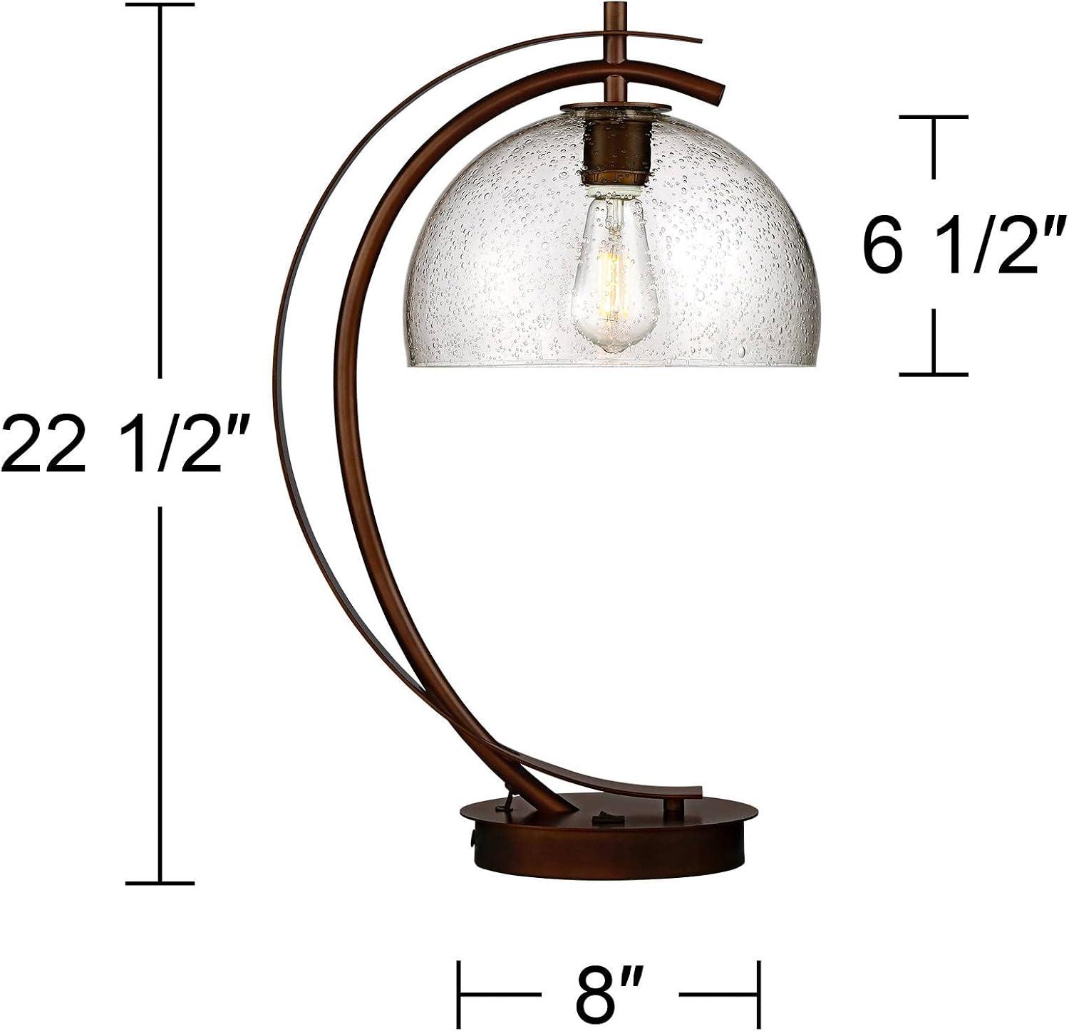 Bronze Arc LED Table Lamp with Seeded Glass Shade