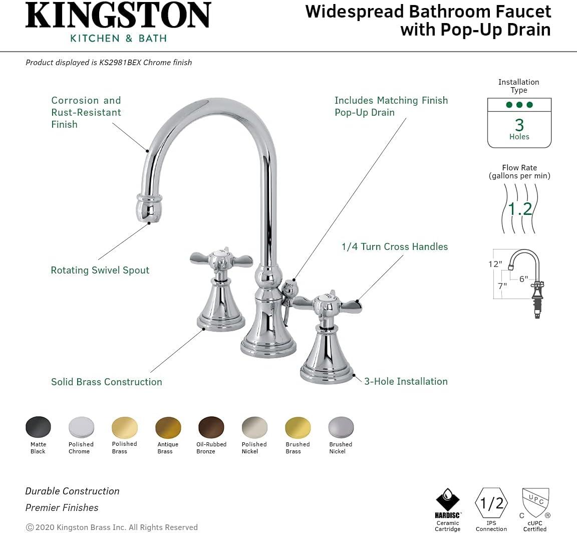 Kingston Brass Kingston Brass Essex Two-Handle 3-Hole Deck Mount Widespread Bathroom Faucet with Brass Pop-Up Drain KS2988BEX
