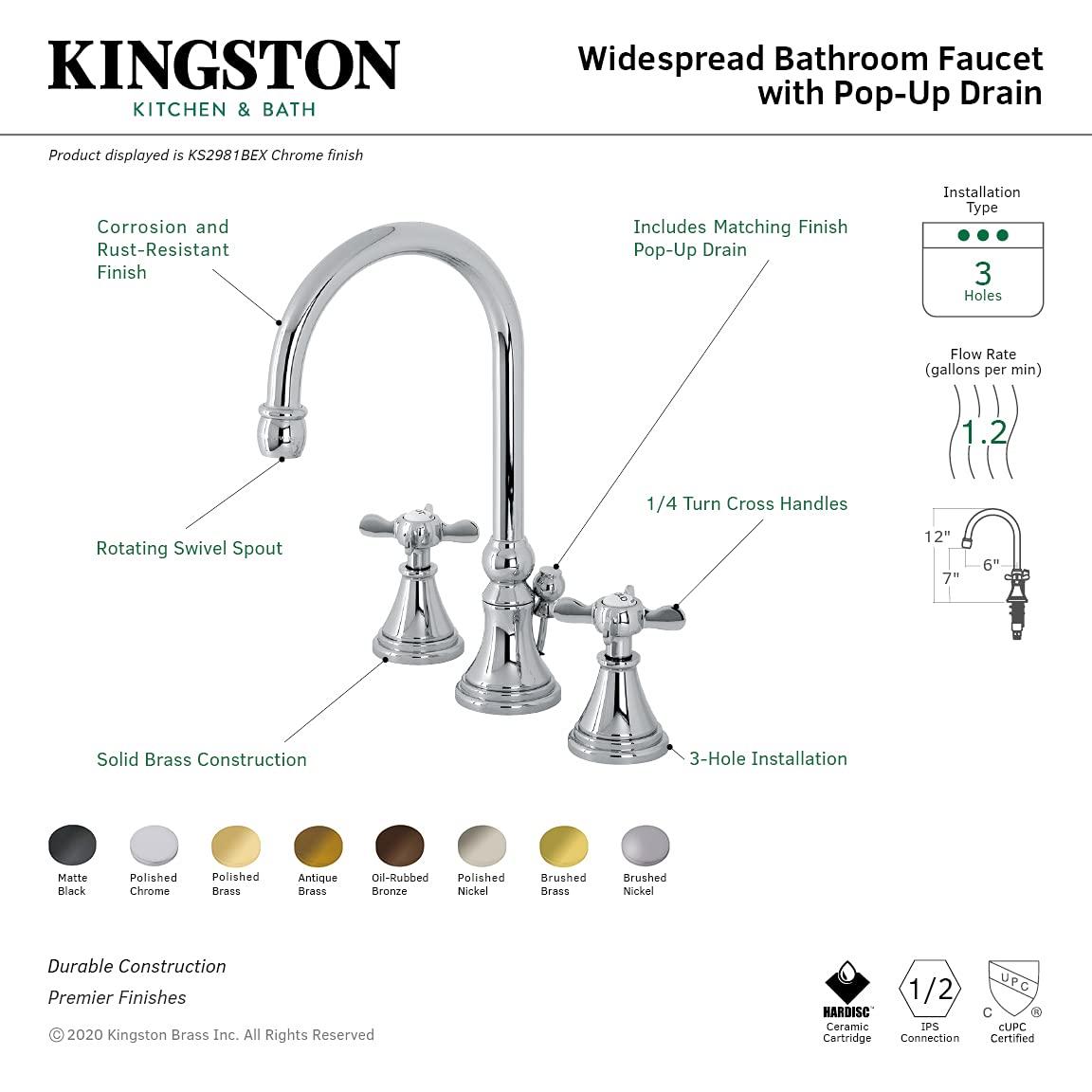 Kingston Brass Kingston Brass Essex Two-Handle 3-Hole Deck Mount Widespread Bathroom Faucet with Brass Pop-Up Drain KS2988BEX