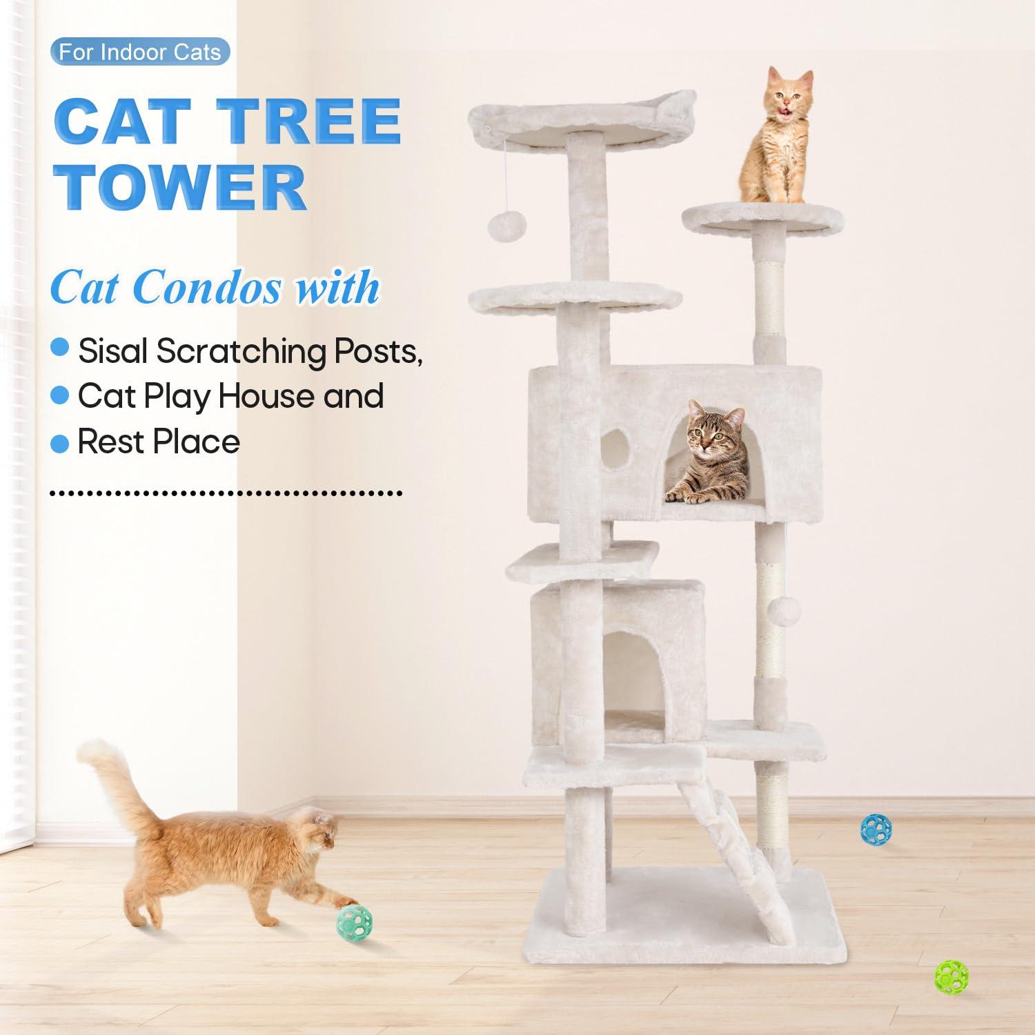 QuellQuest 54in Multi-Level Cat Tree Tower Furniture Activity Center with Scratching Posts, Toys and Condo for Indoor Kittens, Beige