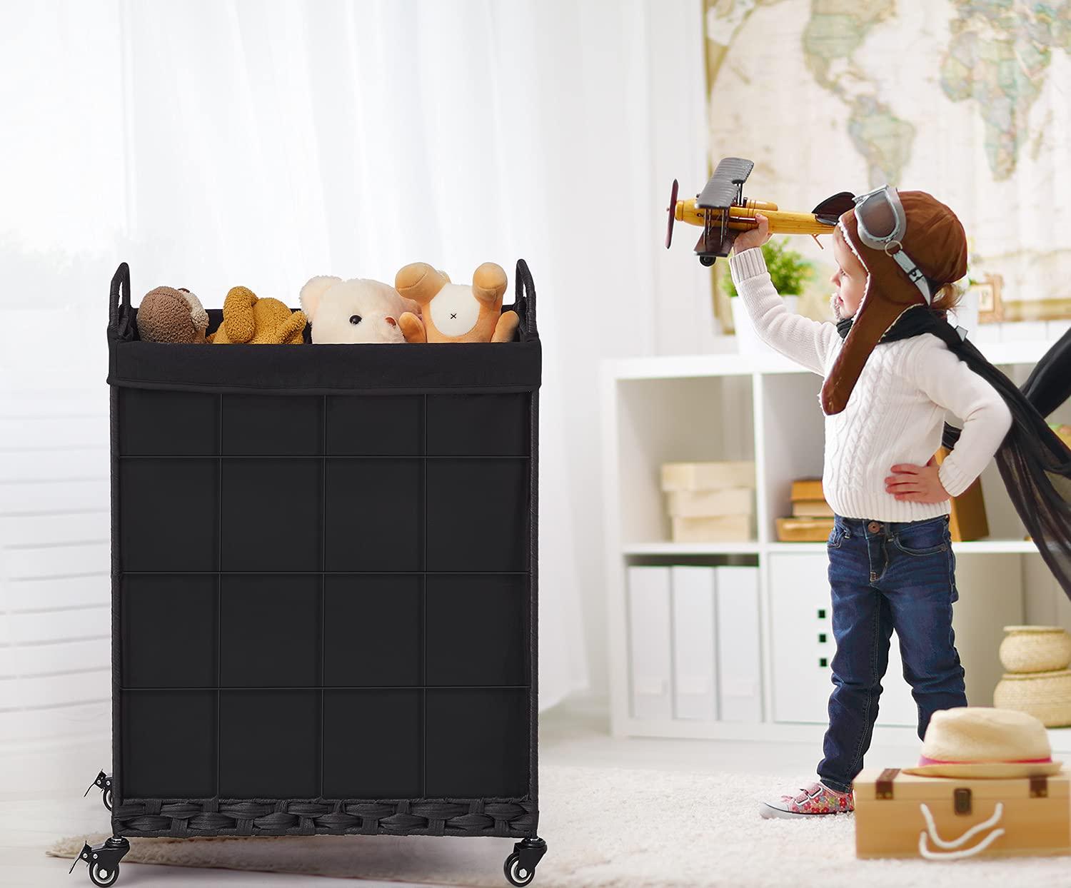 Laundry Hamper with Heavy Duty Rolling Lockable Wheels; Durable Laundry Basket with Detachable Liner Bag; Collapsible Clothes Hamper with Metal Handle (Black)