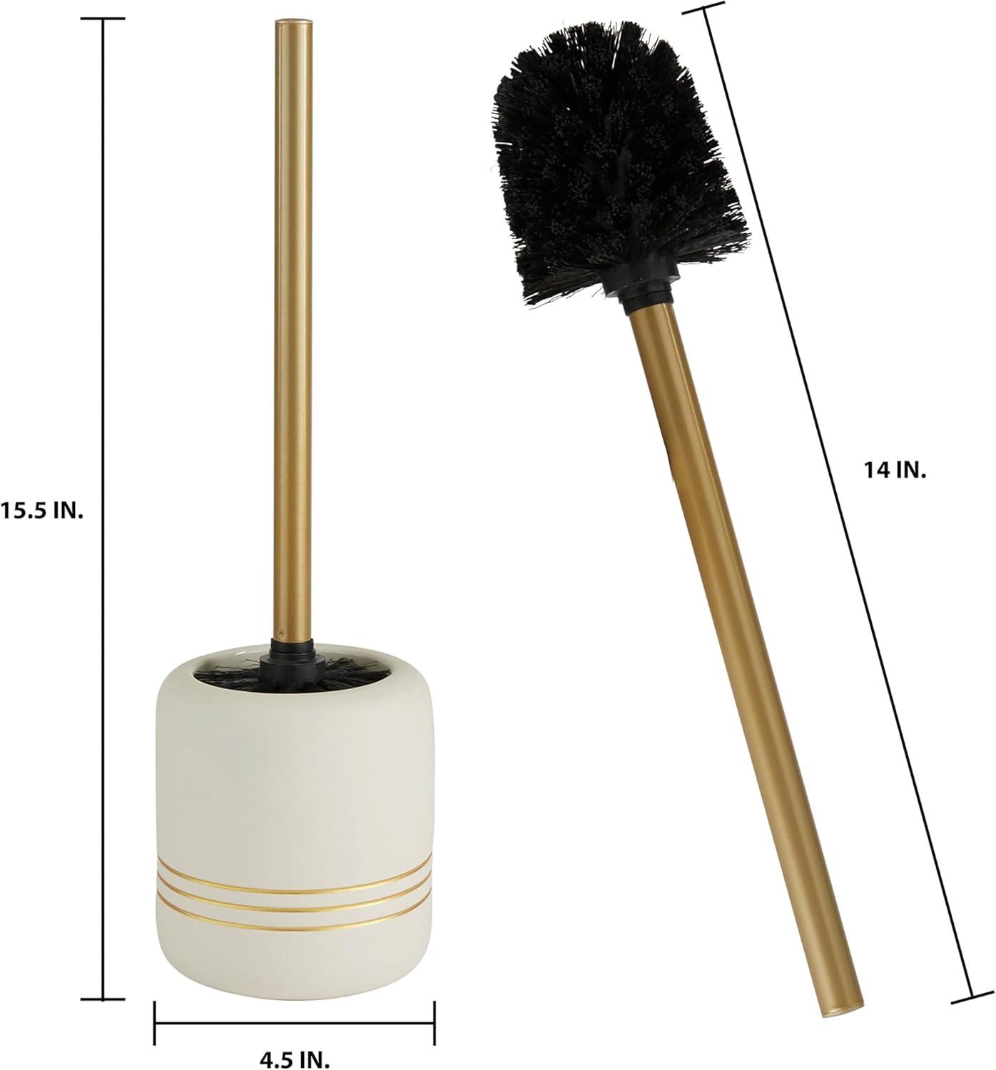 White and Gold Ceramic Toilet Brush Holder with Stainless Steel Handle