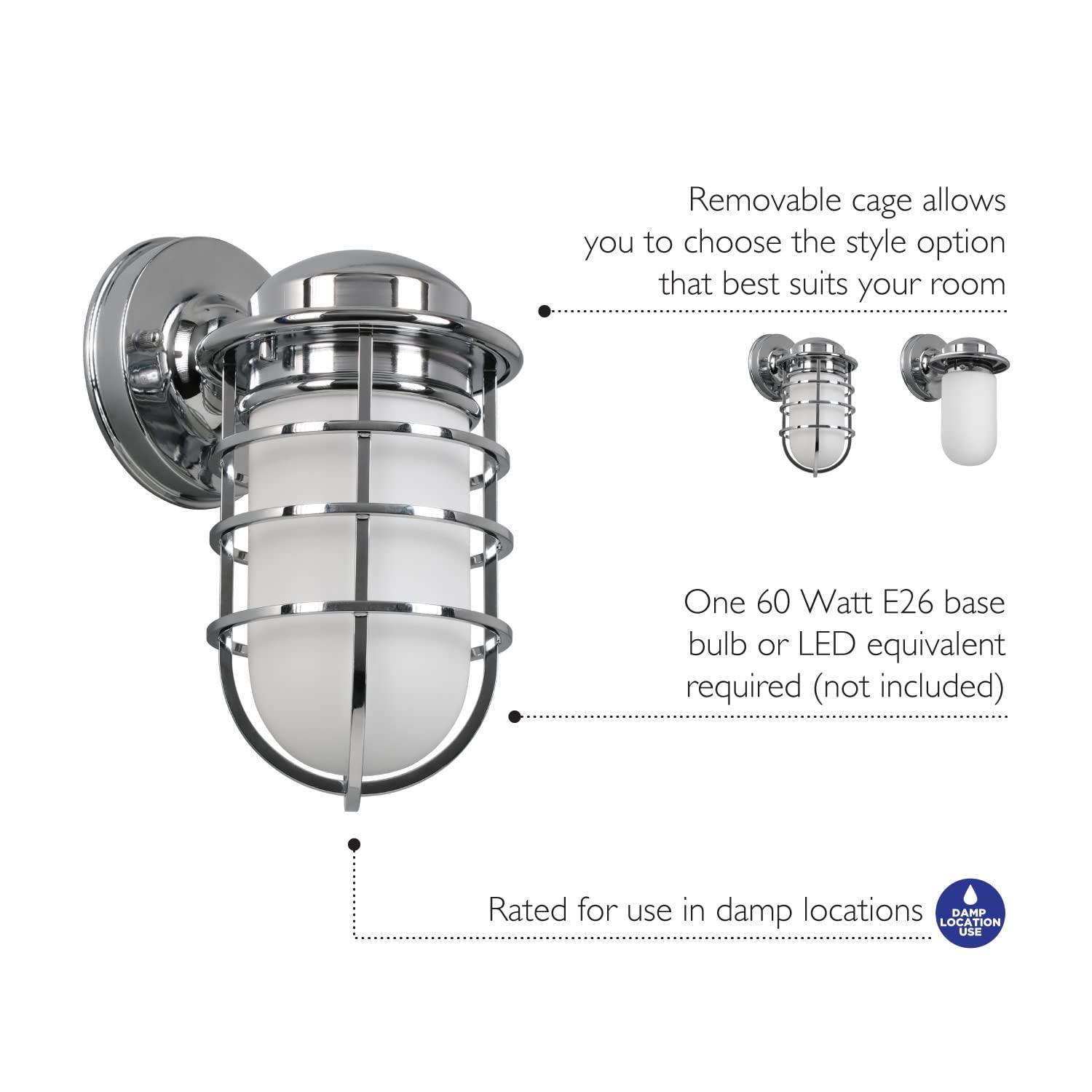 Design House 588947-PC Seaton Classic Industrial 1-Light Indoor Dimmable Wall Light with Removeable Metal Wire Cage and White Opal Frosted Glass for Kitchen Hallway Bedroom Bathroom, Polished Chrome