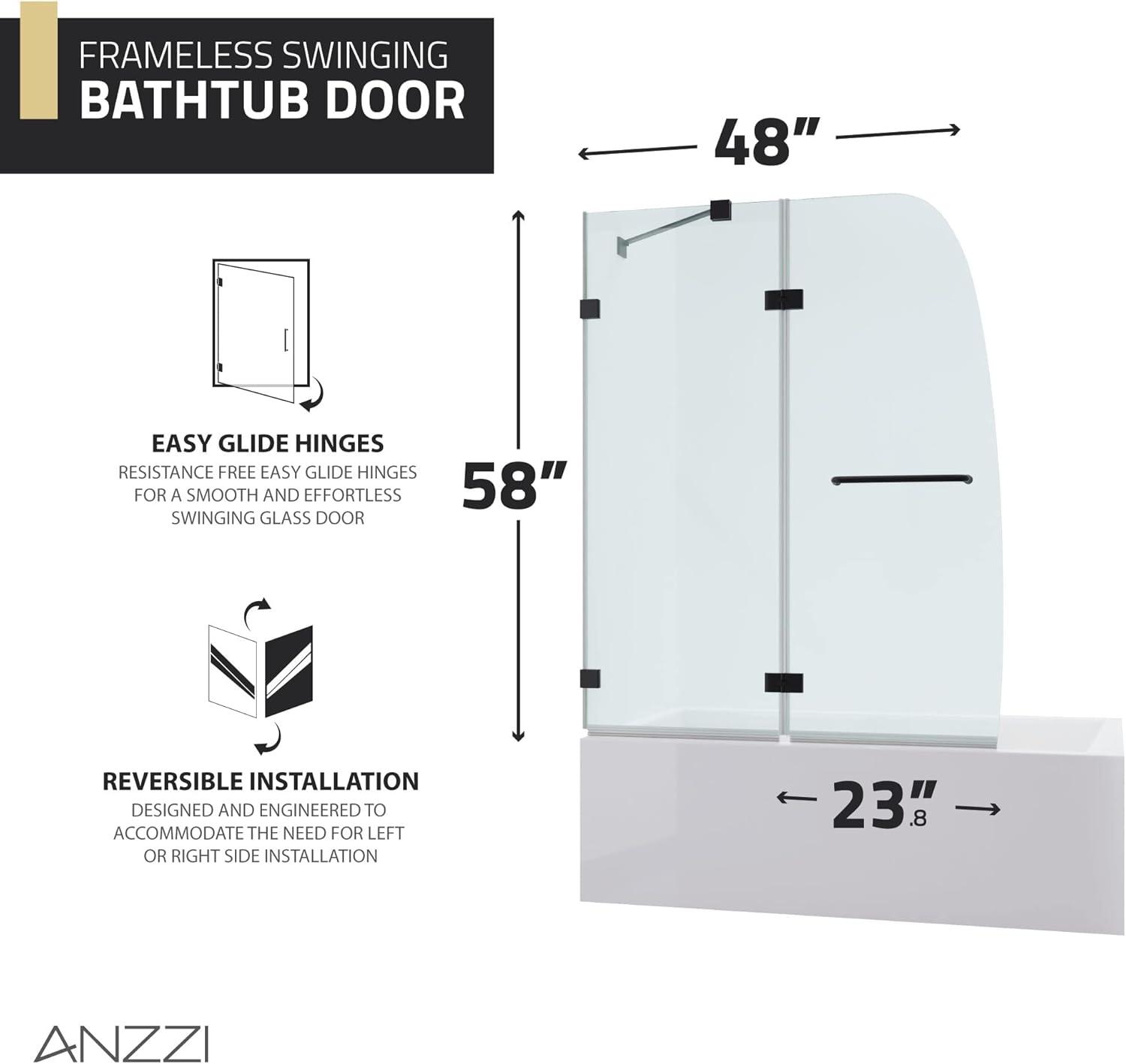 ANZZI Herald Series 48 In. X 58 In. Frameless Hinged Glass Shower Tub Door In Black