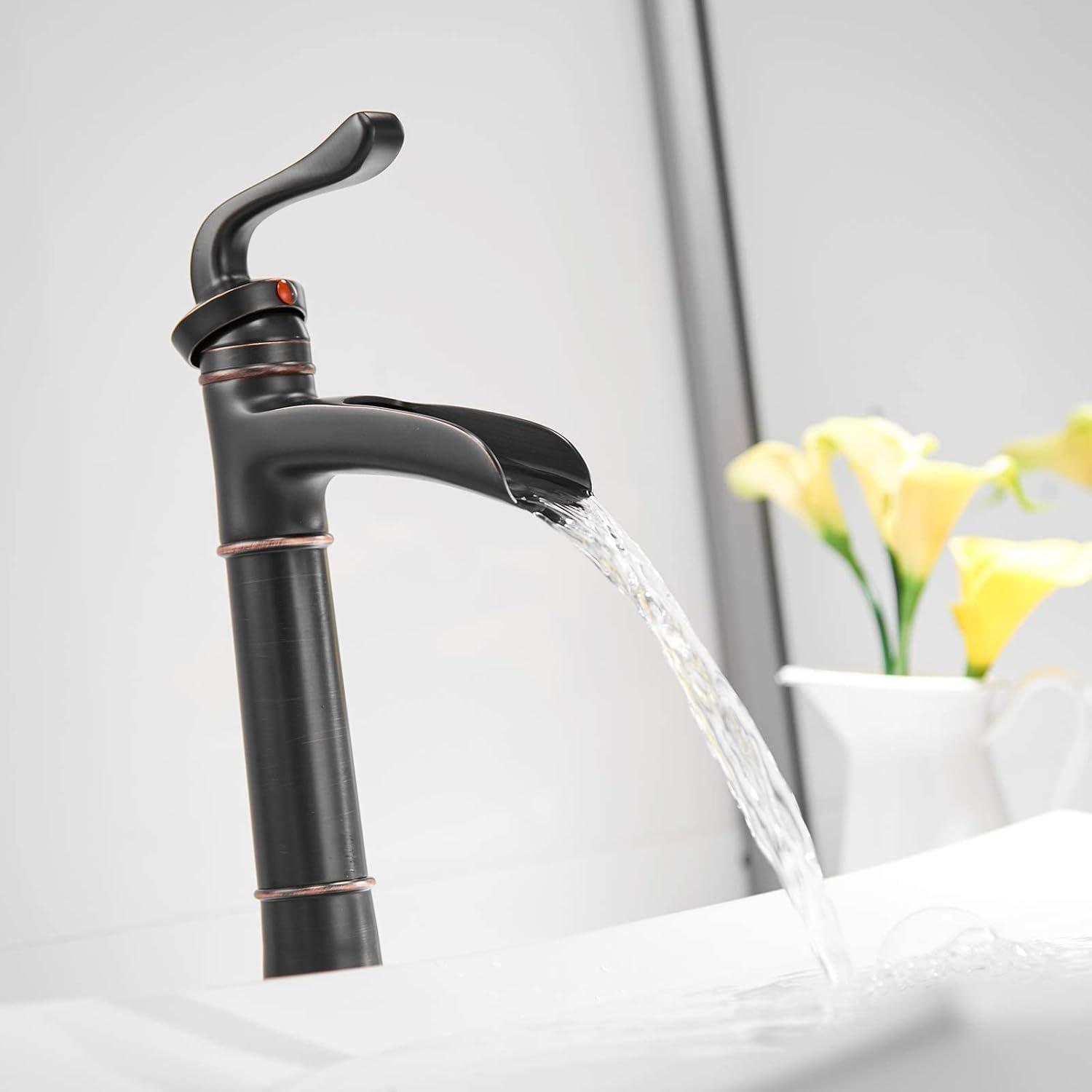 Vessel Sink Faucet Oil Rubbed Bronze Bathroom Faucet Waterfall Farmhouse Single Hole Single Handle for Sink Lavatory Faucets with Pop Up Drain Without Overflow Supply Line