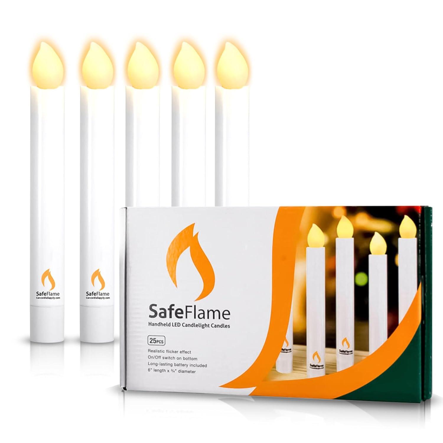 Concordia Supply SafeFlame LED Candlesticks - 6" (25-Pack) Handheld Battery Operated Candles w/Flickering Effect - Perfect for Church Services, Candlelight Vigils, and Special Events - (Amber)