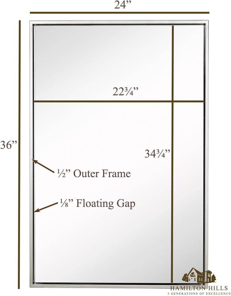 Hamilton Hills Clean Large Modern Polished Nickel Frame Wall Mirror Contemporary Premium Silver Backed Floating Glass Vanity Bathroom Metal Frame Rectangle Hangs Horizontal or Vertical (24" x 36")