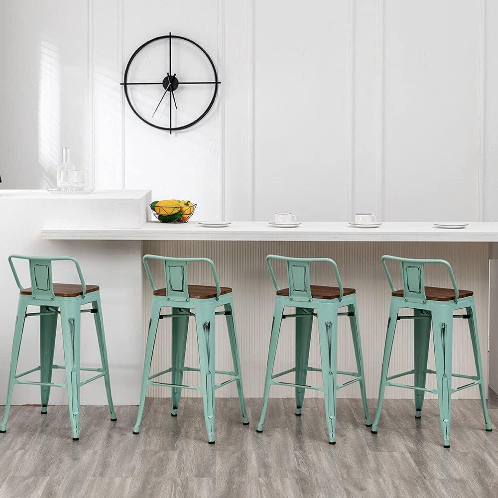 Andeworld Bar Stools Set of 4 Counter Height Stools Industrial Metal Barstools with Wooden Seats( 24 Inch, Distressed Green Blue)