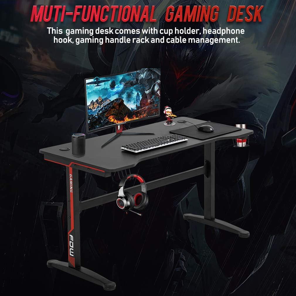BestOffice Gaming Desk Modern Adult Ergonomic Desk with Cup Holder and Headphone Hook, Red