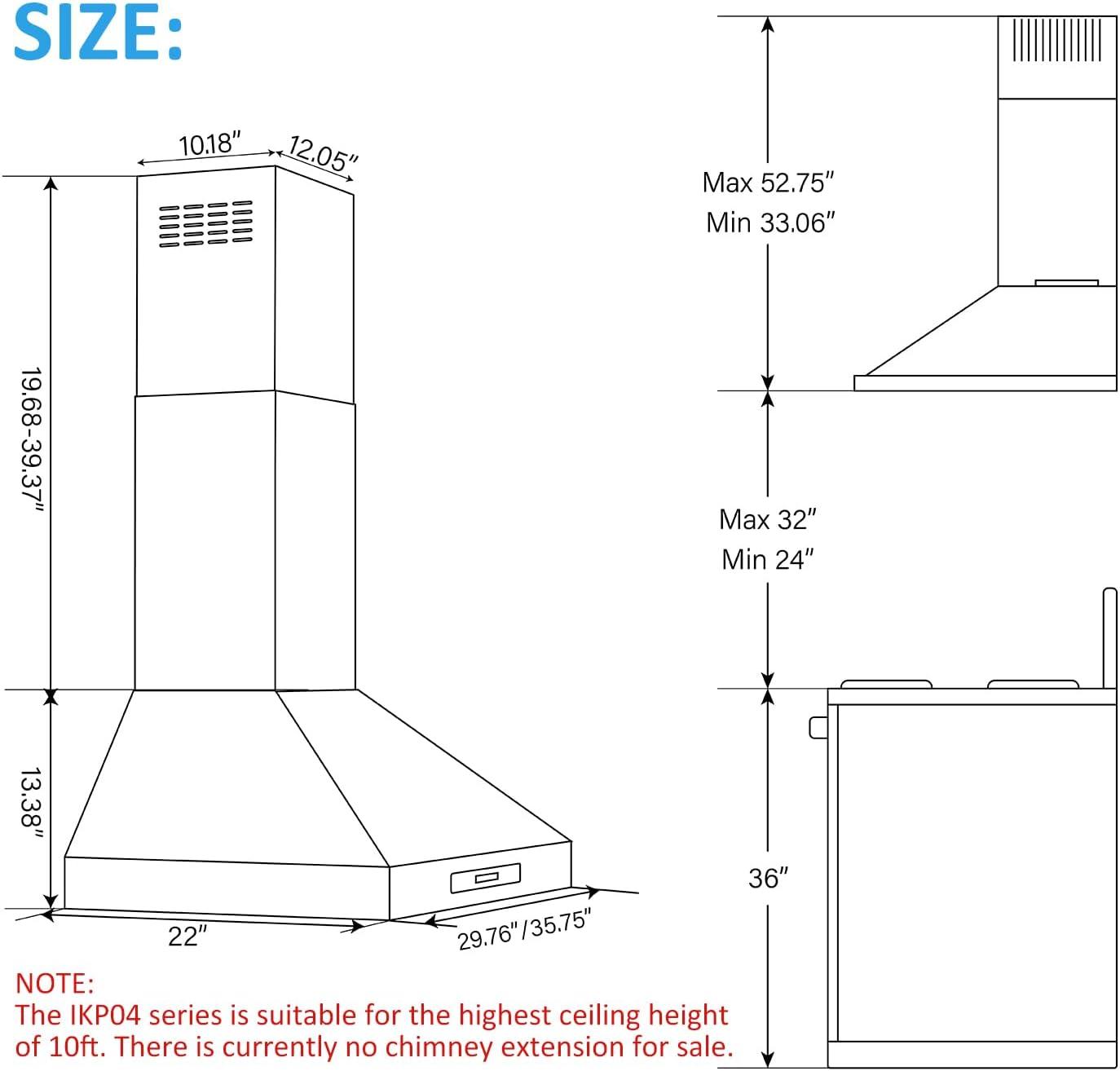 36-Inch Stainless Steel Wall Mount Range Hood with Charcoal Filter