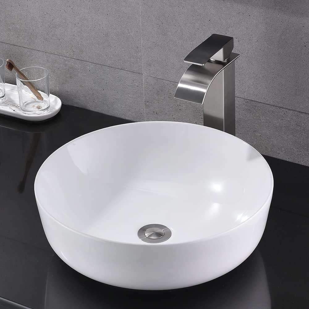 Round White Ceramic Above-Counter Vessel Sink with Faucet