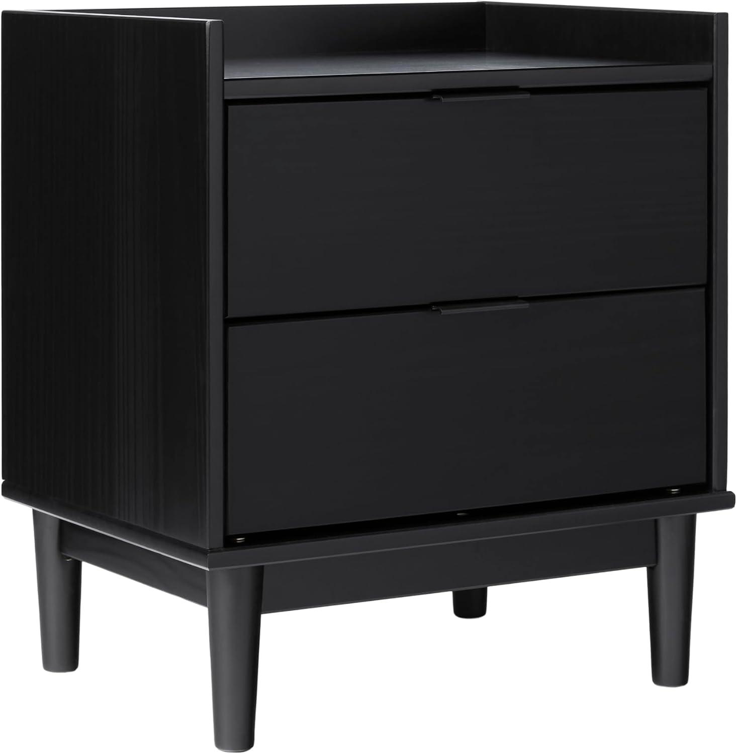 Mid-Century Modern Solid Pine 2-Drawer Nightstand, 20 Inch, Black