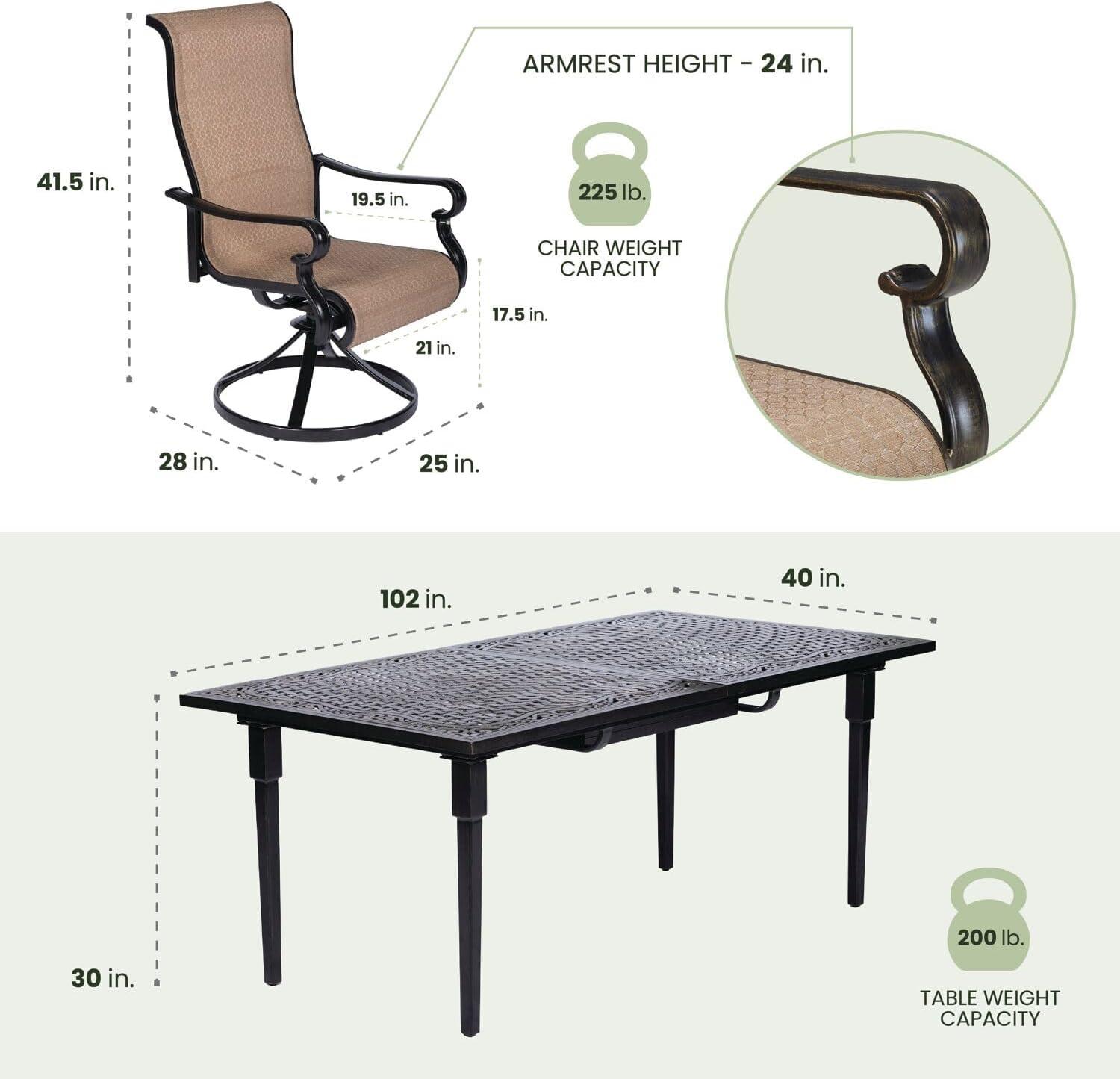 Hanover Brigantine 9-Piece Dining Set with an Expandable Cast-Top Dining Table and 8 Sling Swivel Rockers