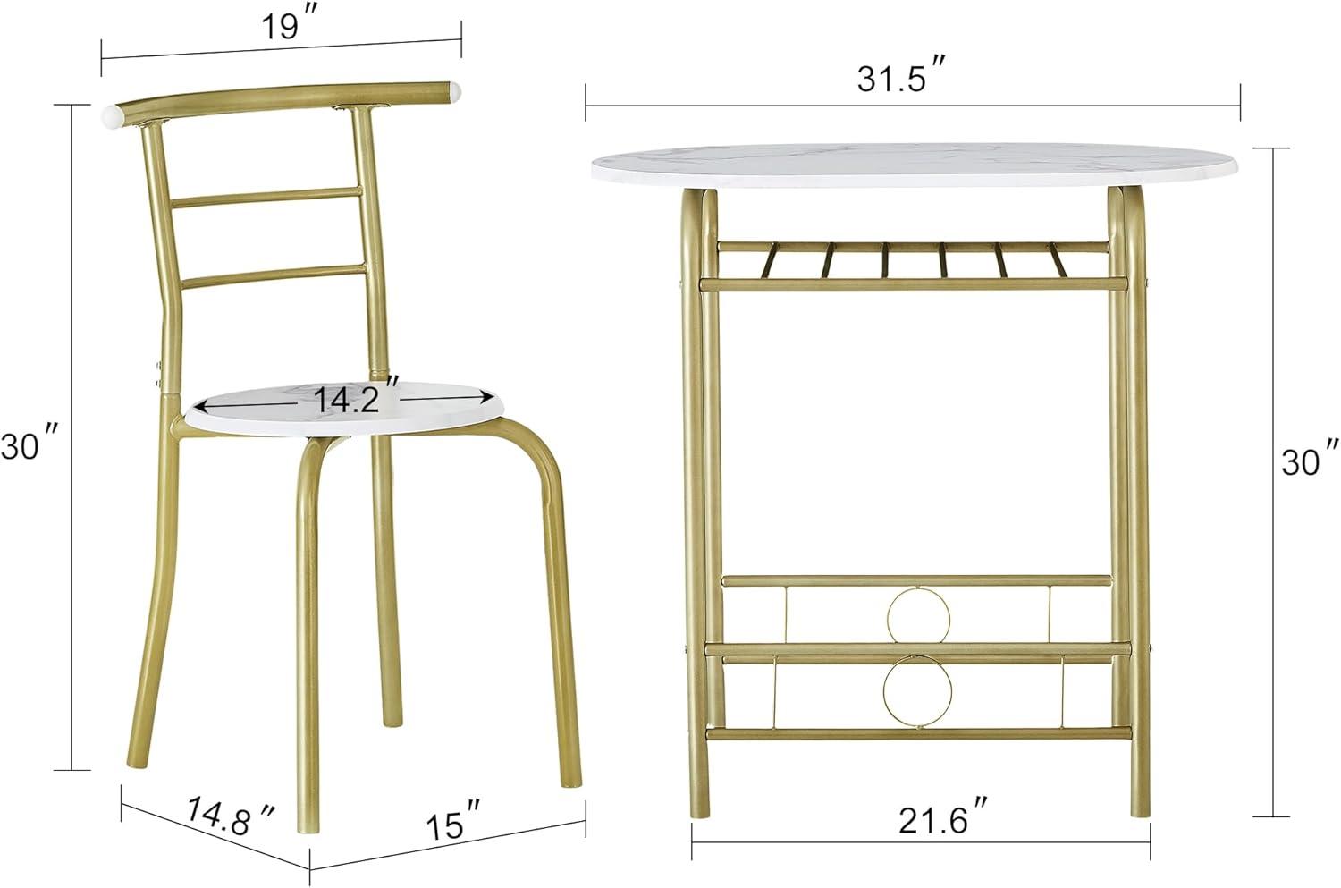 VECELO 3-Piece Dining Table Set for Kitchen Breakfast Nook, Wood Grain Oval Tabletop and Metal Frame with Built-in Wine Rack, for Small Spaces, 31.5", White & Gold