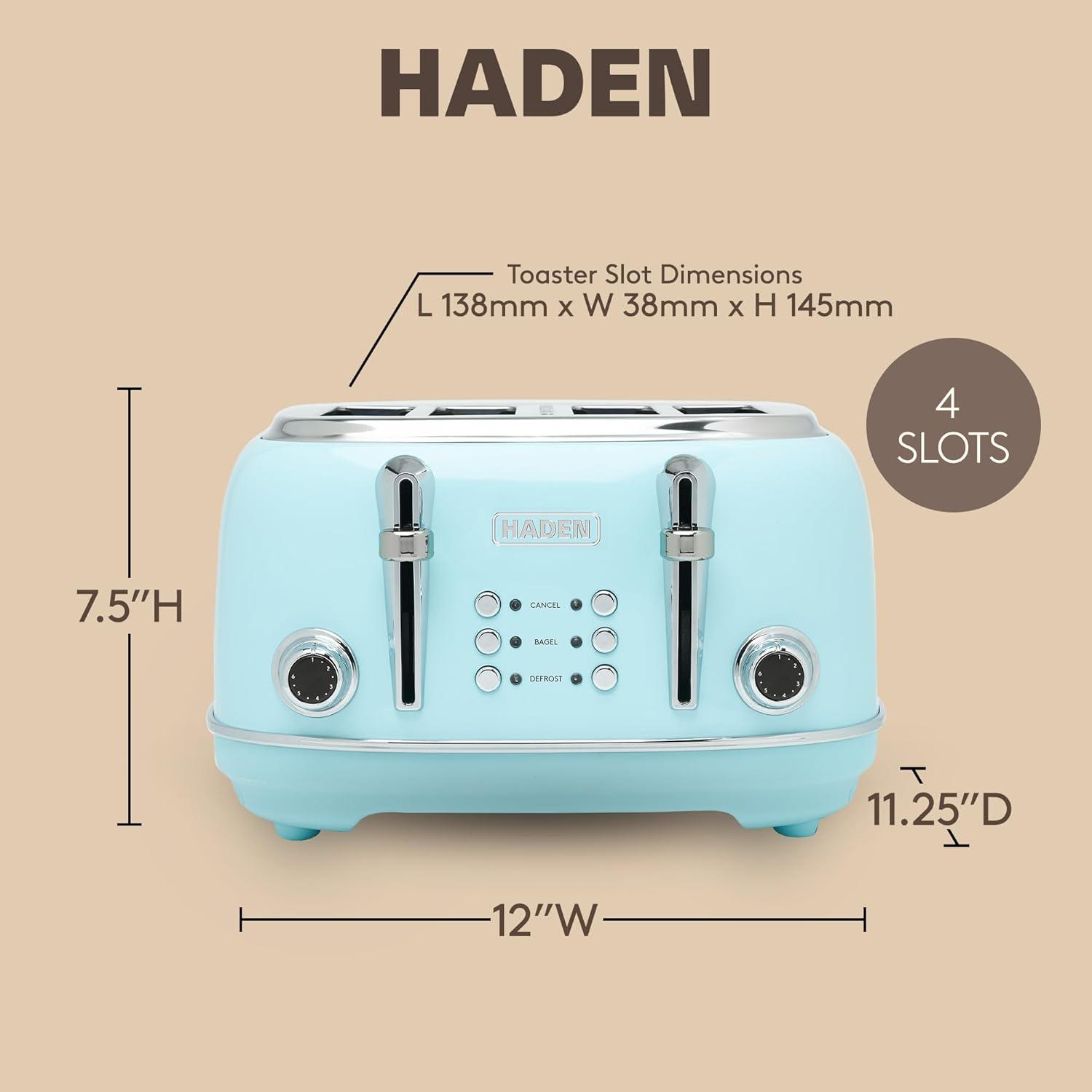 Haden Heritage 4 Slice Wide Slot Stainless Steel Toaster with Adjustable Browning Control & Non-Slip Feet, Turquoise & Chrome