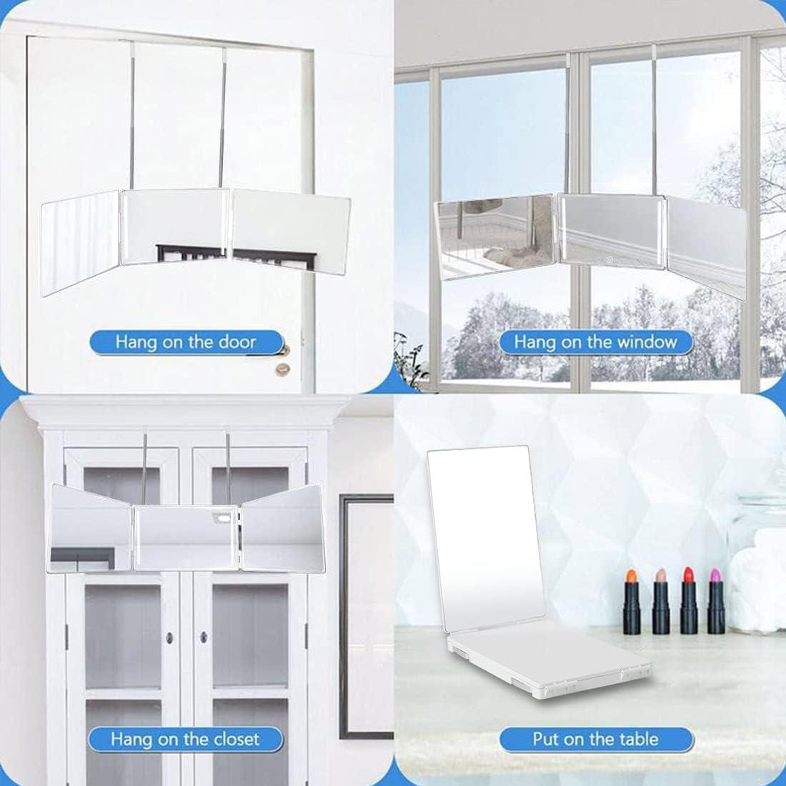 HIEEY 3 Way Mirror for Hair Cutting,360 Trifold Mirror with Height Adjustable Telescoping Hooks,and 5X Magnification Mirror,for Makeup, Hair Styling
