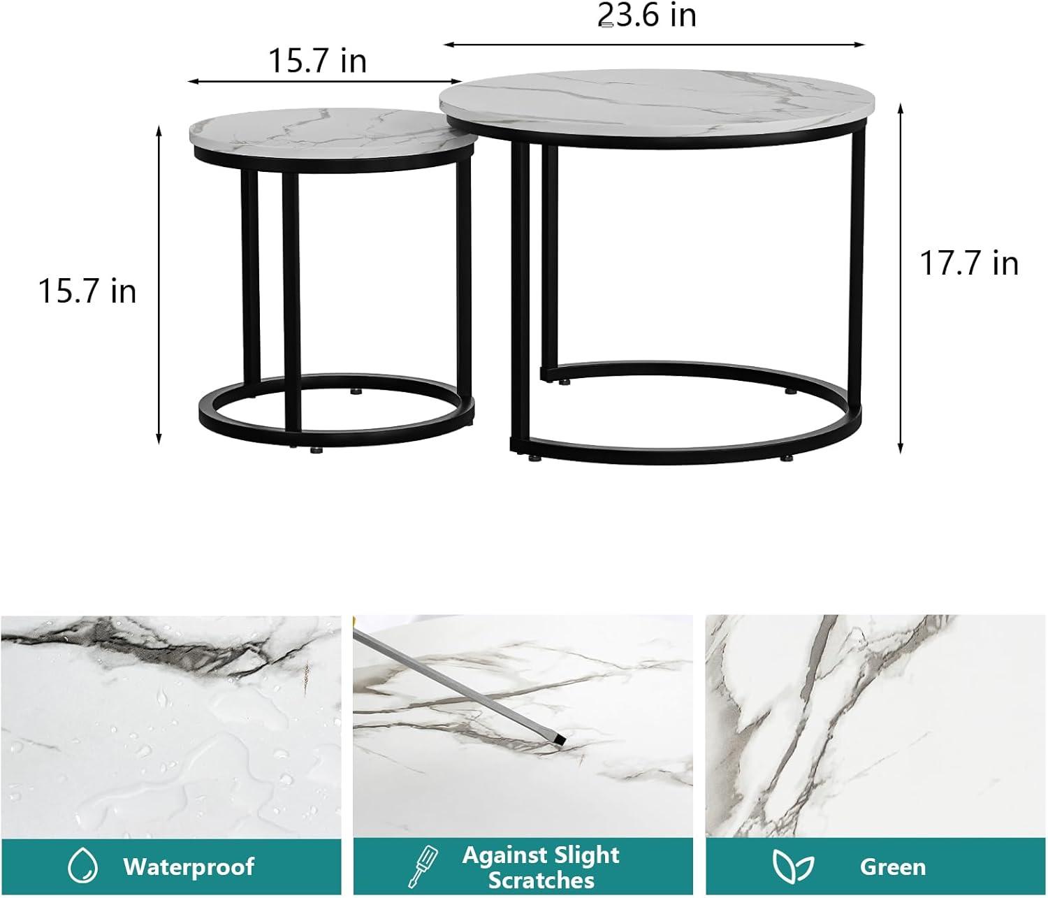 White Nesting Coffee Table Set of 2, 23.6" Round Coffee Table Wood Grain Top with Adjustable Non-Slip Feet, Industrial End Table Side Tables for Living Room Bedroom Balcony Yard