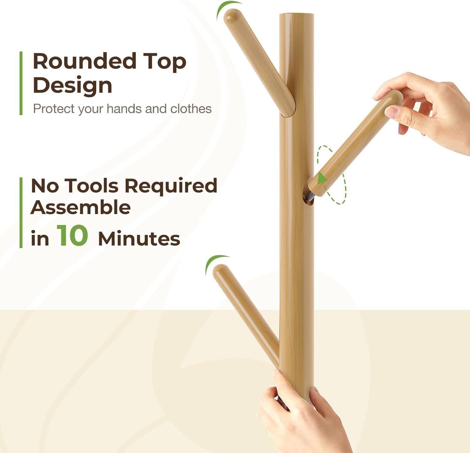 GREENSTELL Coat Rack with 8 Hooks, Wooden Coat Rack Freestanding with Shelf, Coat Tree with 4 Height Options 50.5"-72.6", Coat Hanger Stand for Bags, Clothes, Umbrellas, Hats, in Home, Natural