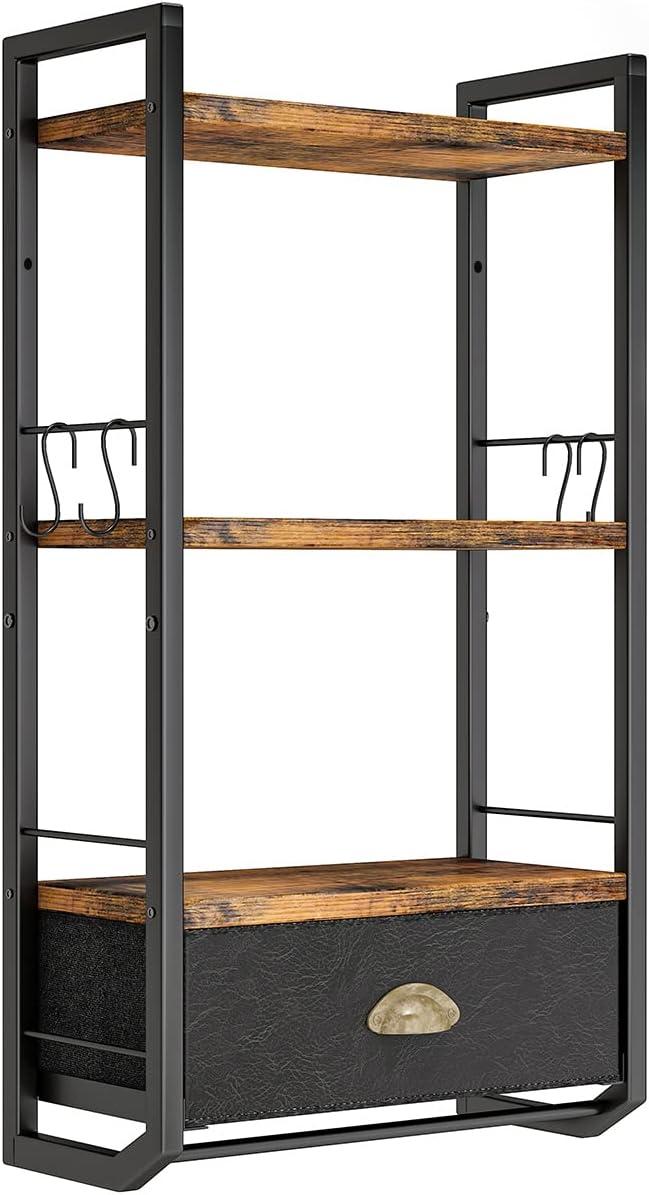 Bathroom Storage Organizer Wall Mounted, 3 Tier Bathroom Towel Rack Shelf with Storage Drawer Double Towel Bars and Hooks, Industrial Bathroom Shelves Over Toilet, Rustic Black and Brown (A)