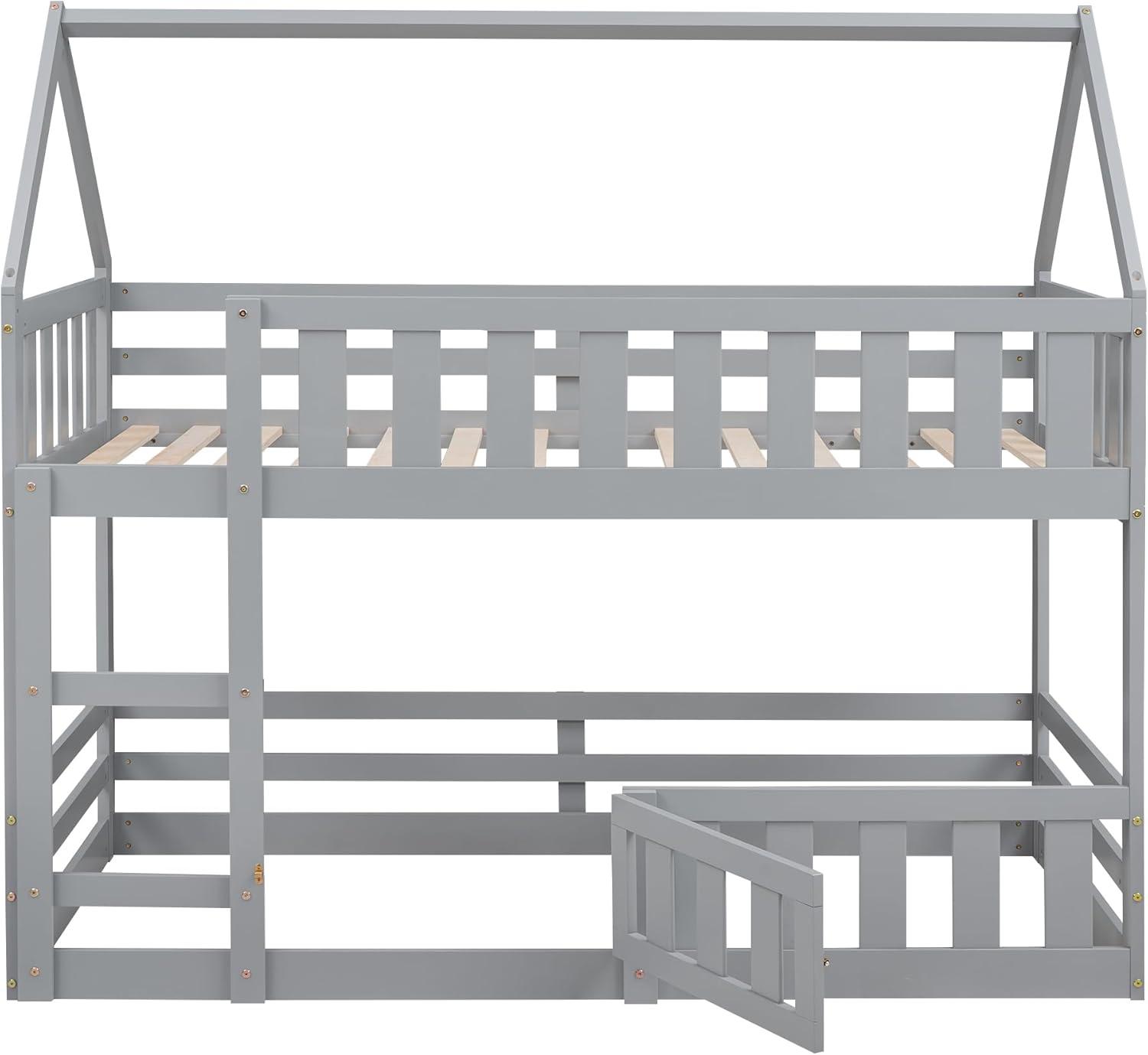 Harper & Bright Designs Twin Over Twin House Bunk Bed Frame for Boys Girls Kids Adults Toddler with Fence and Door, Gray