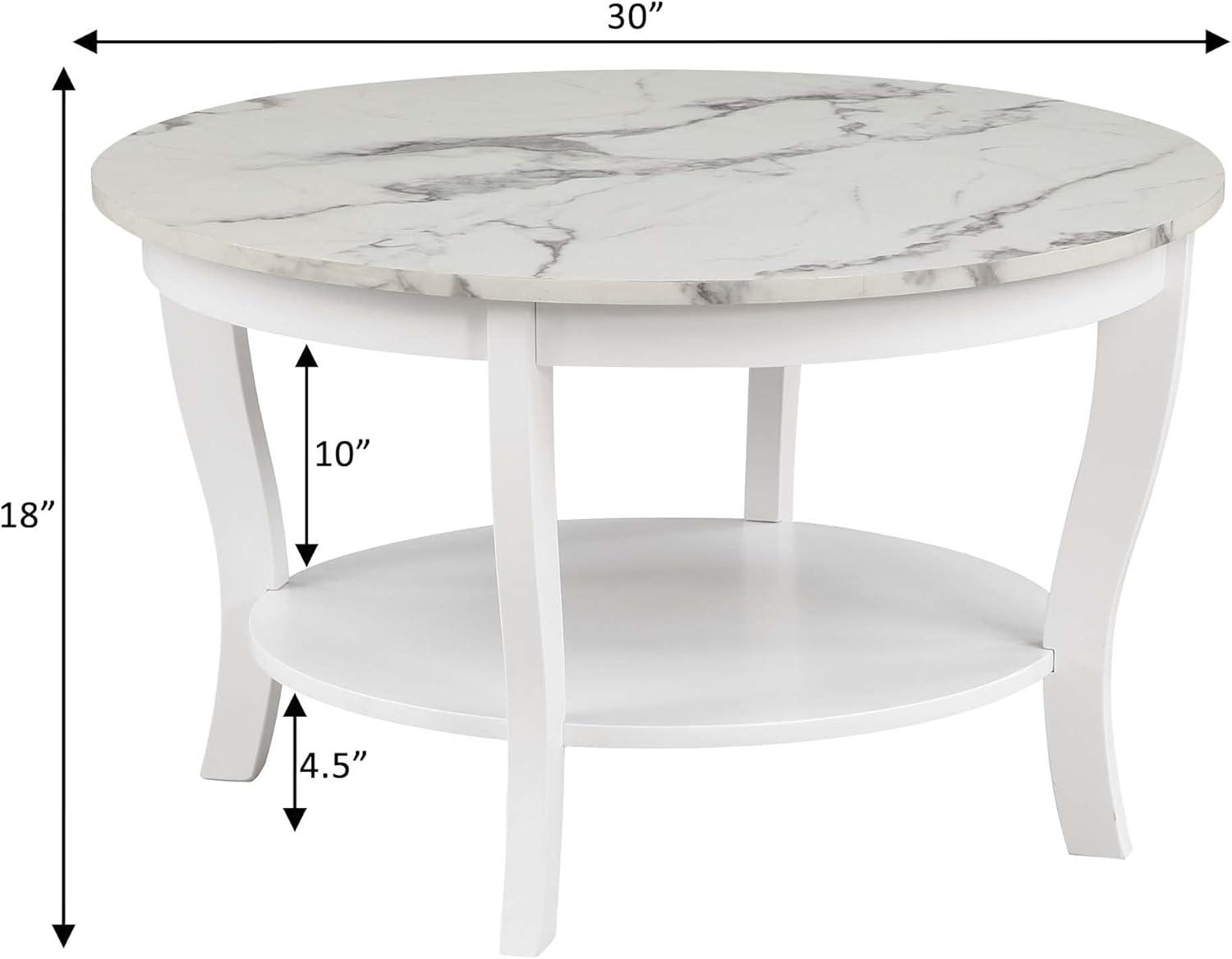 Heritage 30" Round White Faux Marble Coffee Table with Shelf