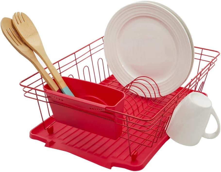 Red Metal Single Tier Dish Rack with Utensil Cup