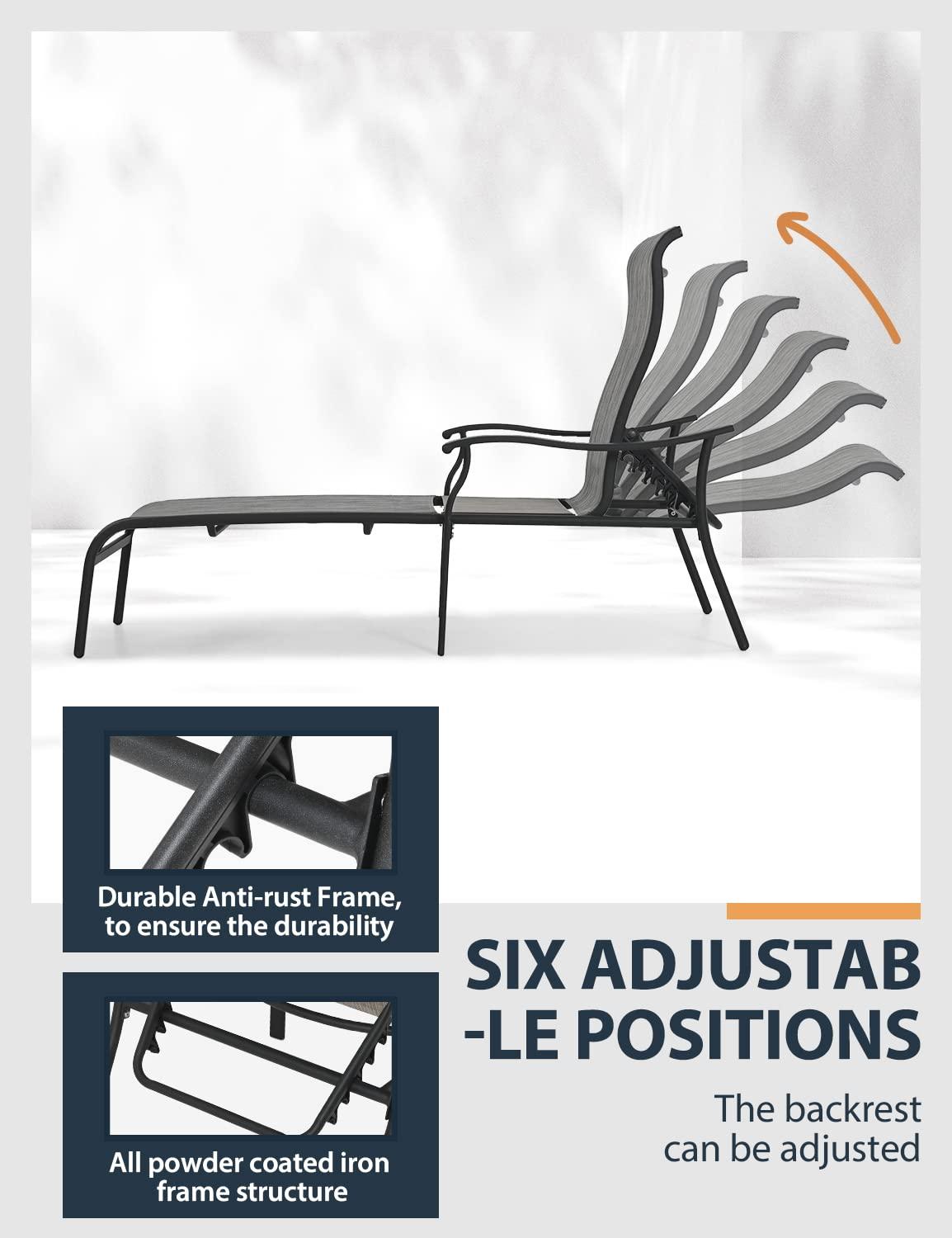 HAPPATIO Patio Chaise Lounge Set 3 Pieces,Patio Lounge Chair with Glass Coffee Table,Pool Lounge Chair with Breathable Textilene Fabric,Patio Chaise Lounge for Patio Backyard Poolside(Gray)