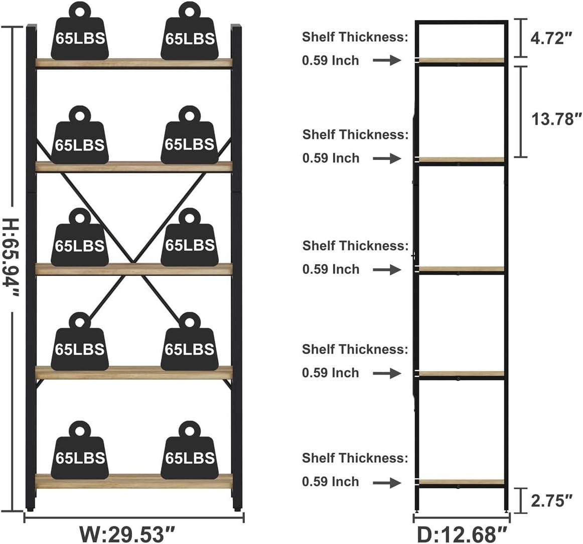 Rustic Oak and Black Metal 5-Tier Industrial Bookshelf