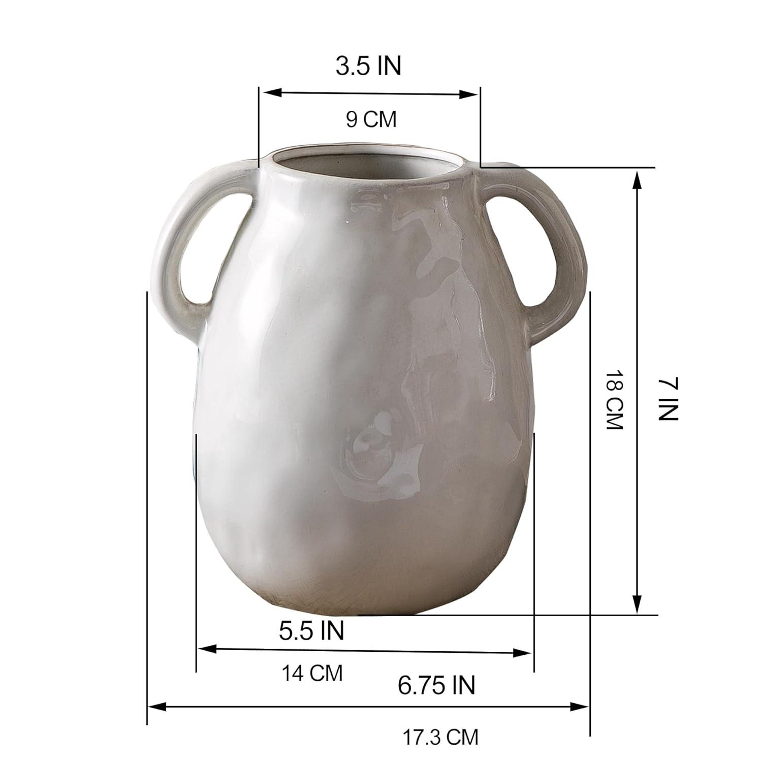 Grey Ceramic Vase with 2 Handles, Modern Farmhouse Vase for Home Decor, Rustic Terracotta Vase, Decorative Pottery Flower Vase, Clay Samll Vase, Centerpieces for Dining Table - 7 Inch Tall