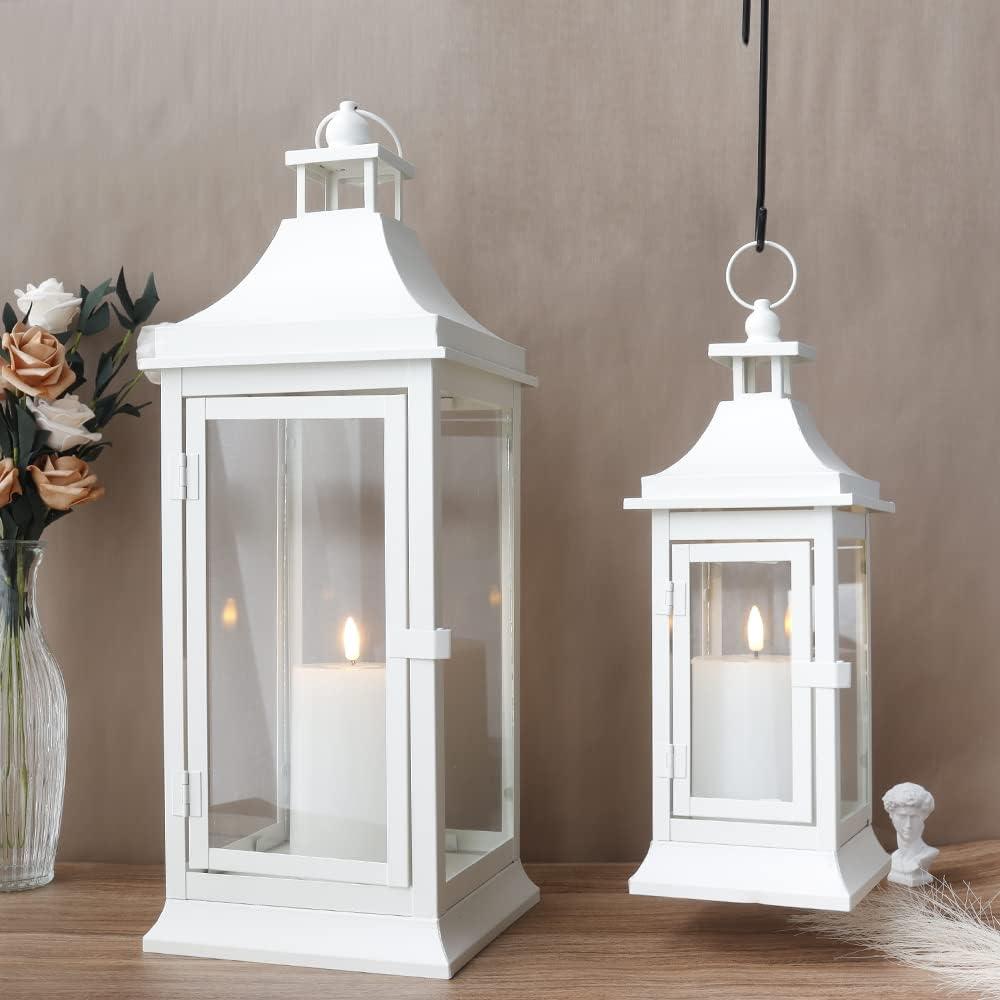 White Metal and Glass Tabletop Hanging Candle Lantern Set