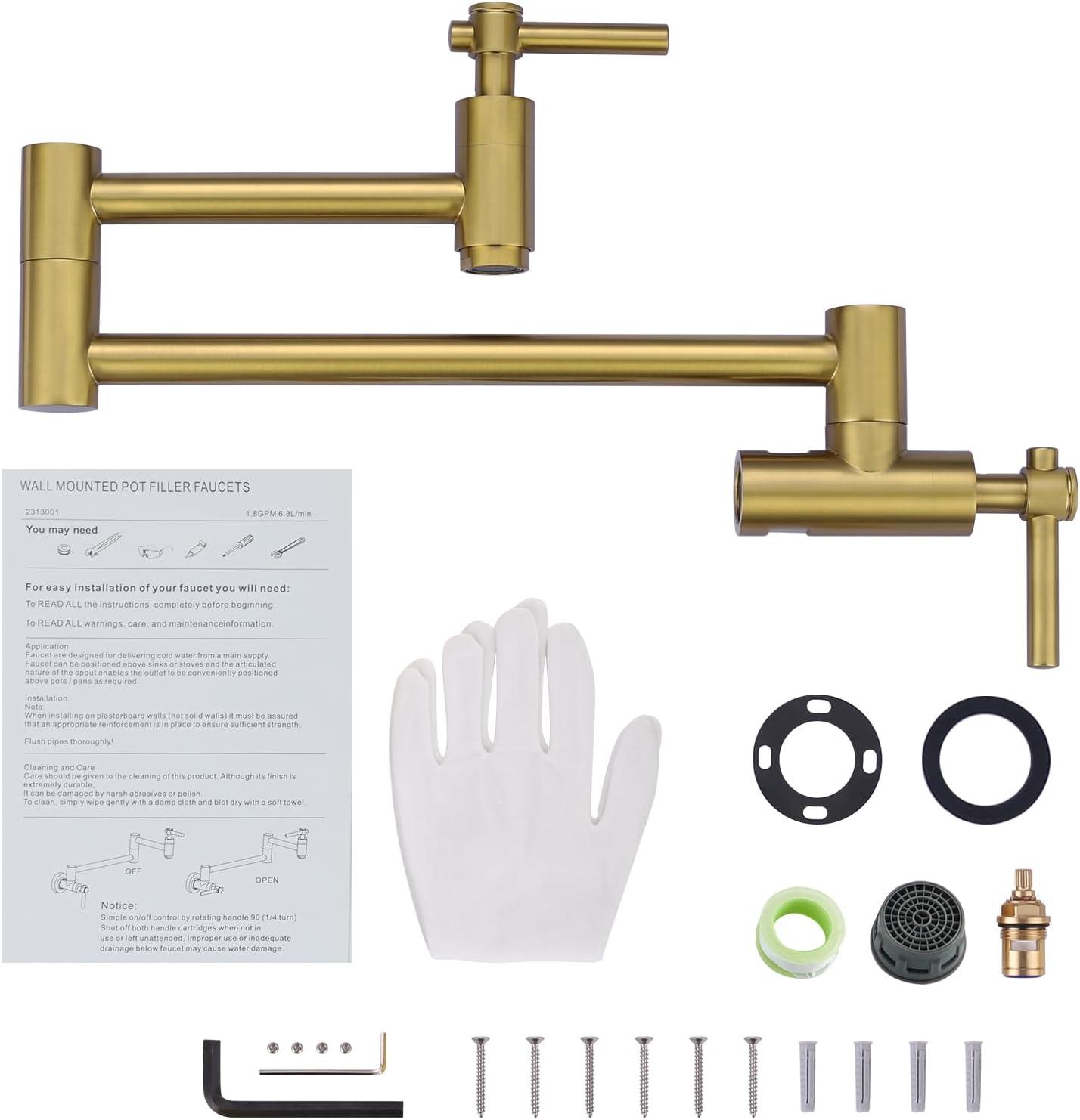 Brushed Gold Double Handle Wall Mount Pot Filler Faucet