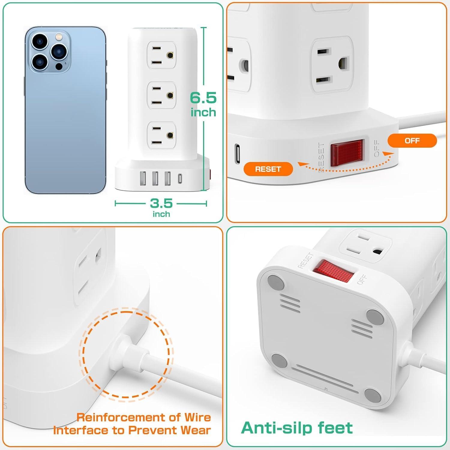 White 16-in-1 Tower Power Strip with USB-C and 6.5 ft Cord