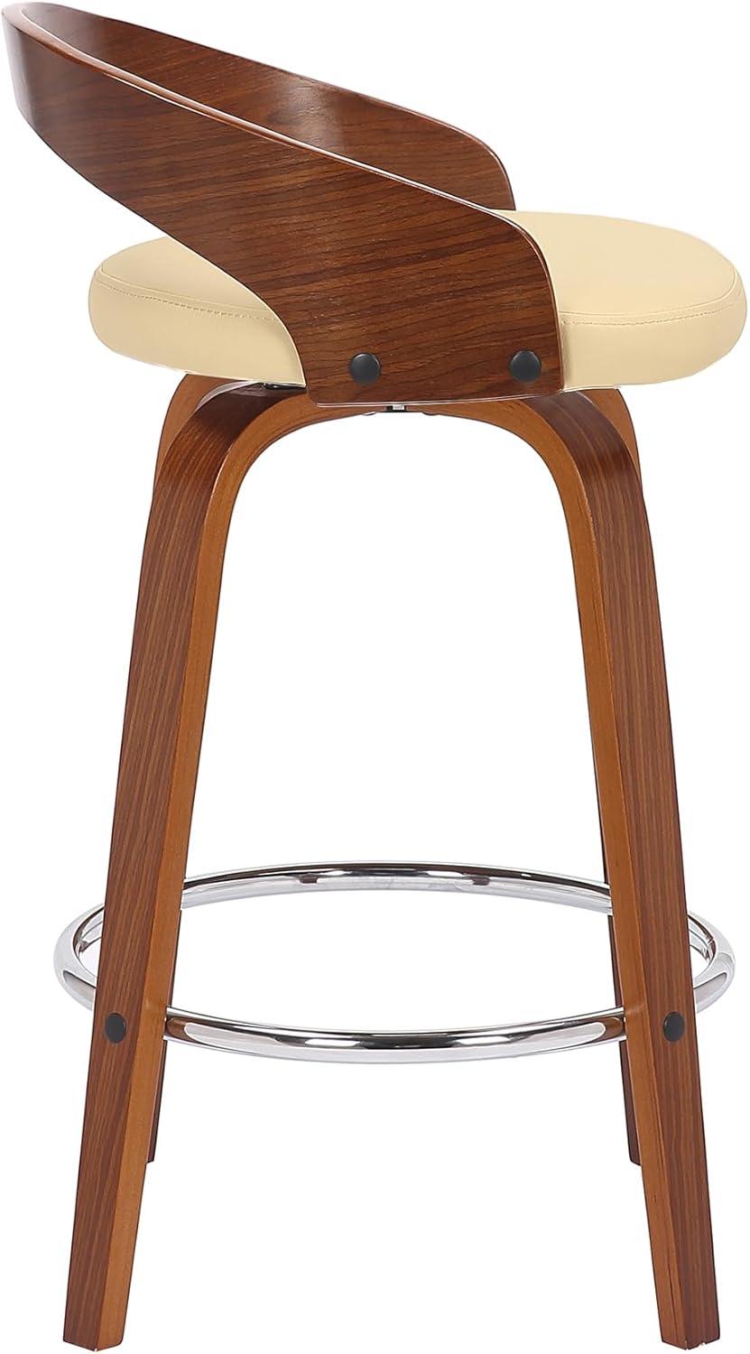 Sonia 26 in.  Counter Height Swivel Cream Faux Leather and Walnut Wood Bar Stool