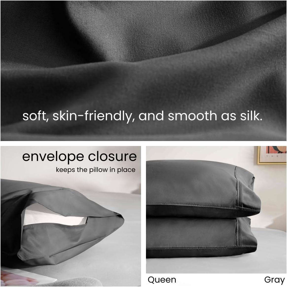 Pillowcases Queen Gray Set of 2 Envelope Closure End Easy Fit for All Season Cooling Soft and Breathable Material Machine Washable